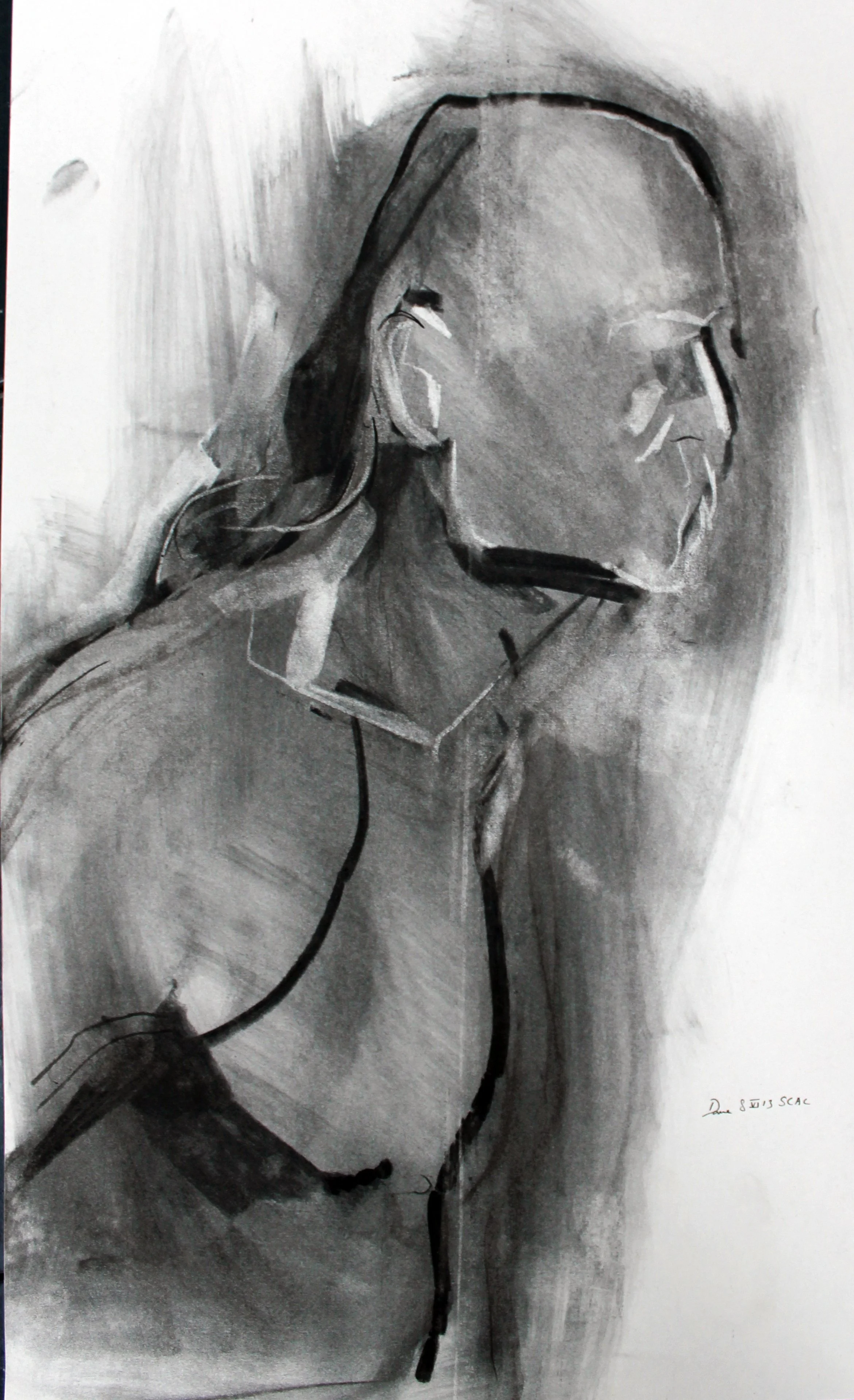 A black and white abstract painting of a person's profile viewed from the side, with focus on the head, shoulder, and lines suggesting cable wires or threads.