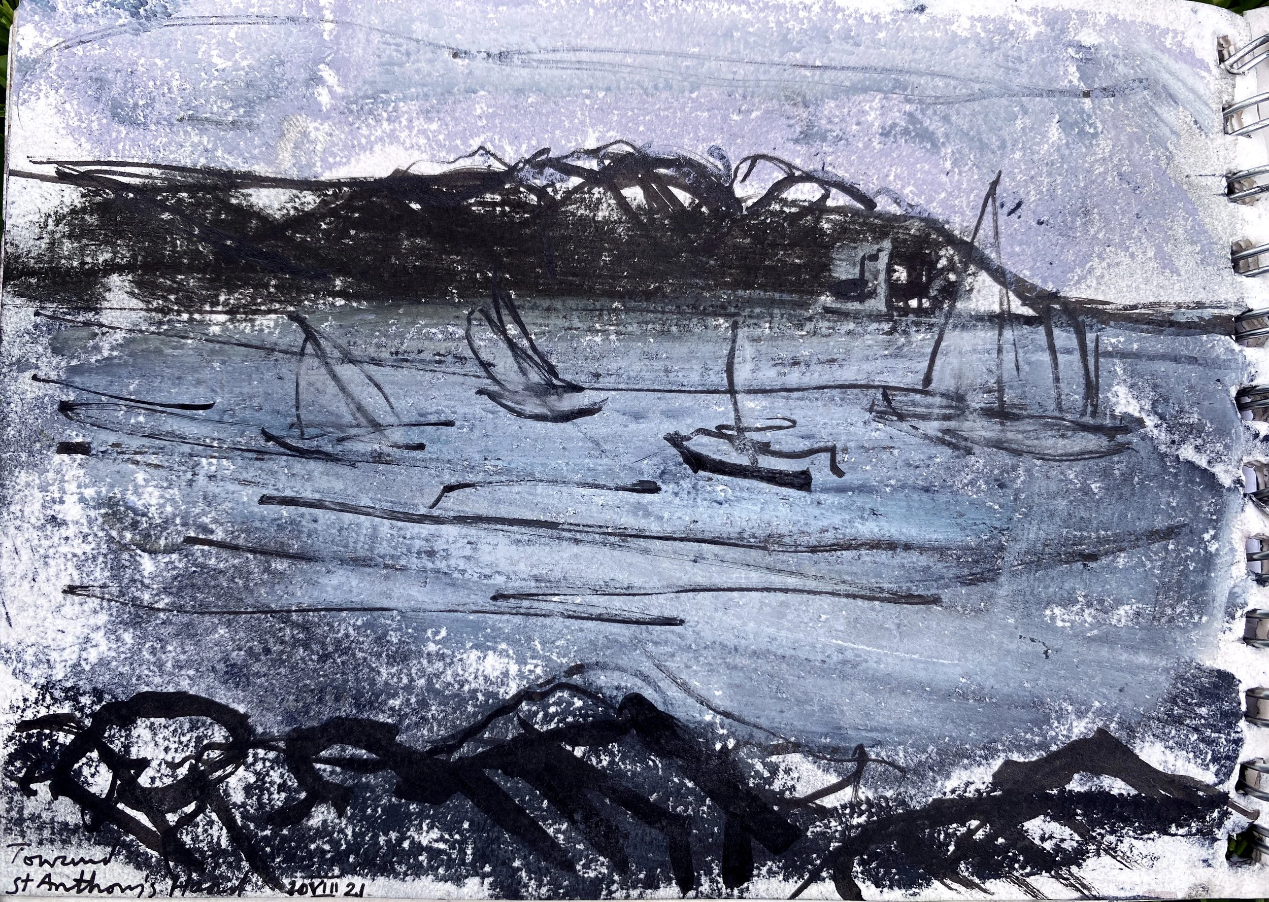 A black ink drawing of a crab on a silver reflective background with white and purple patches. There are signatures and handwritten text at the bottom left corner, including a date, '2021'.
