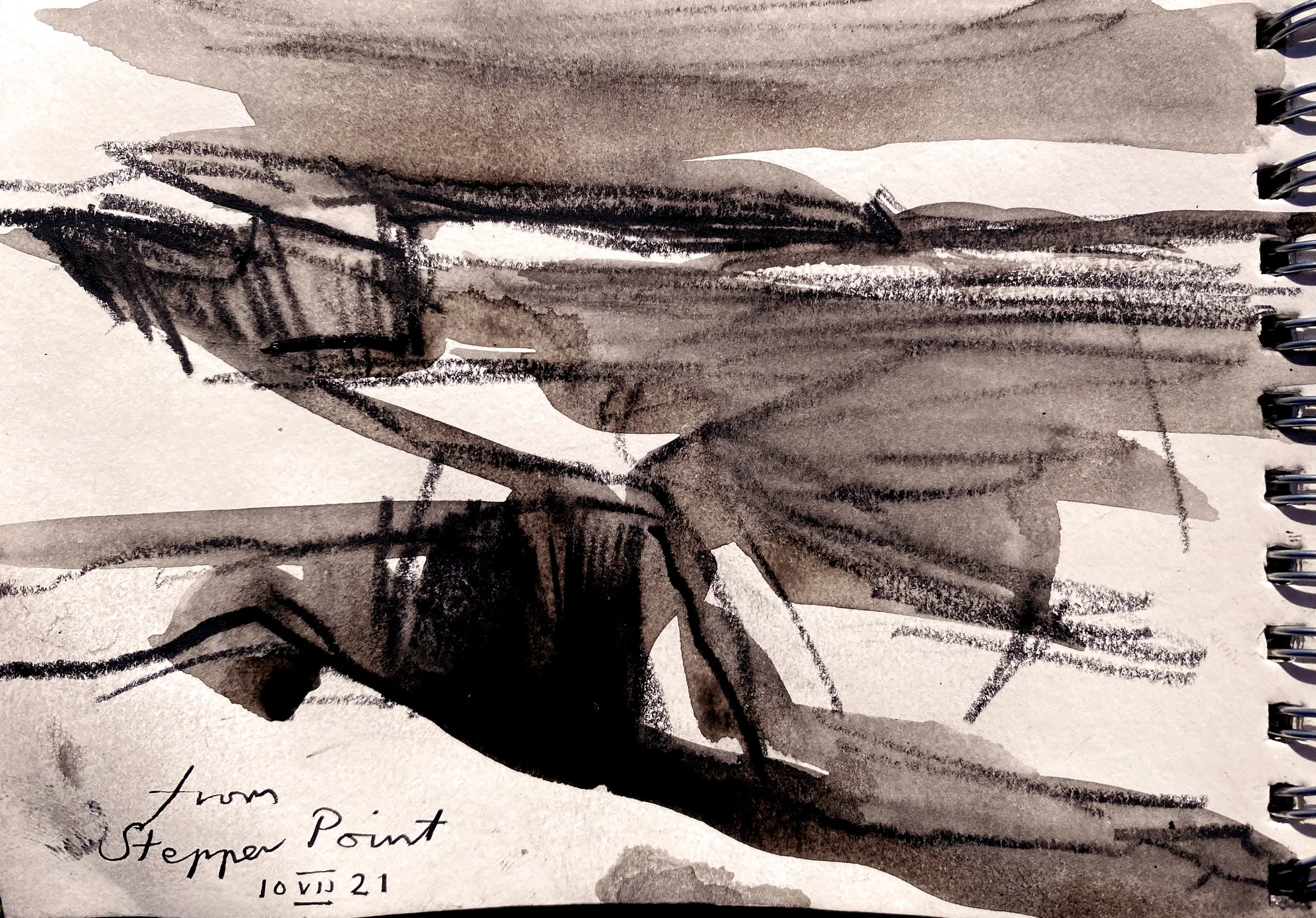 Black ink drawing of a tree with multiple branches and leaves, on a white spiral-bound notebook page, with handwritten notes and annotations in pencil, including words such as 'Stemper Point' and the date '10/11/21'.