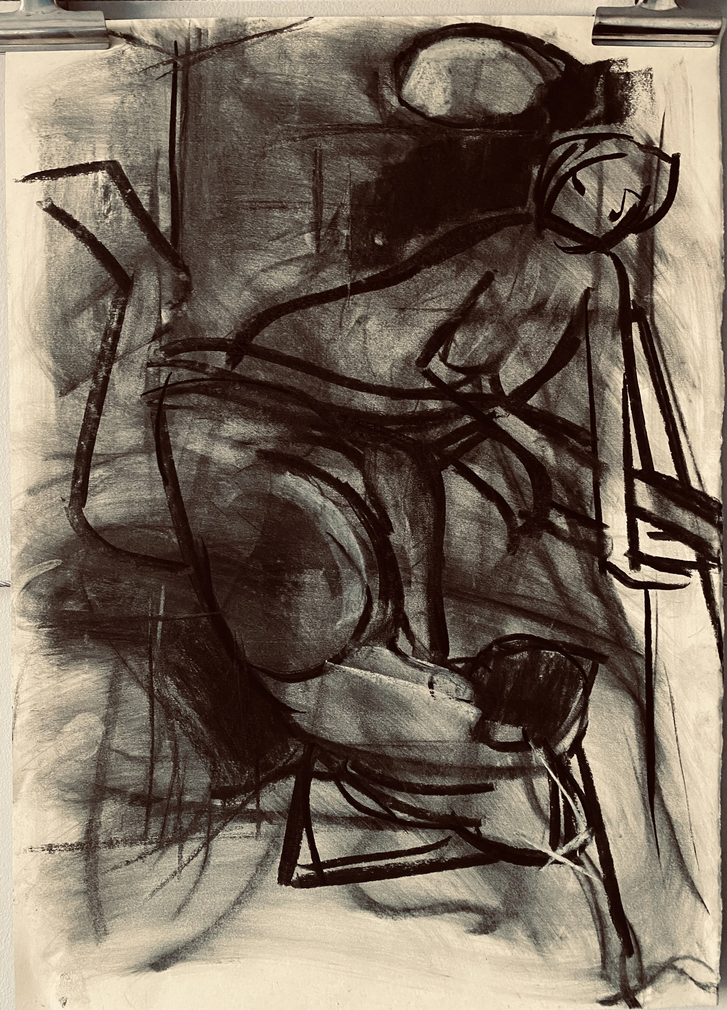 A monochrome, abstract sketch of a seated man holding a mug, rendered with loose, expressive lines and shading.