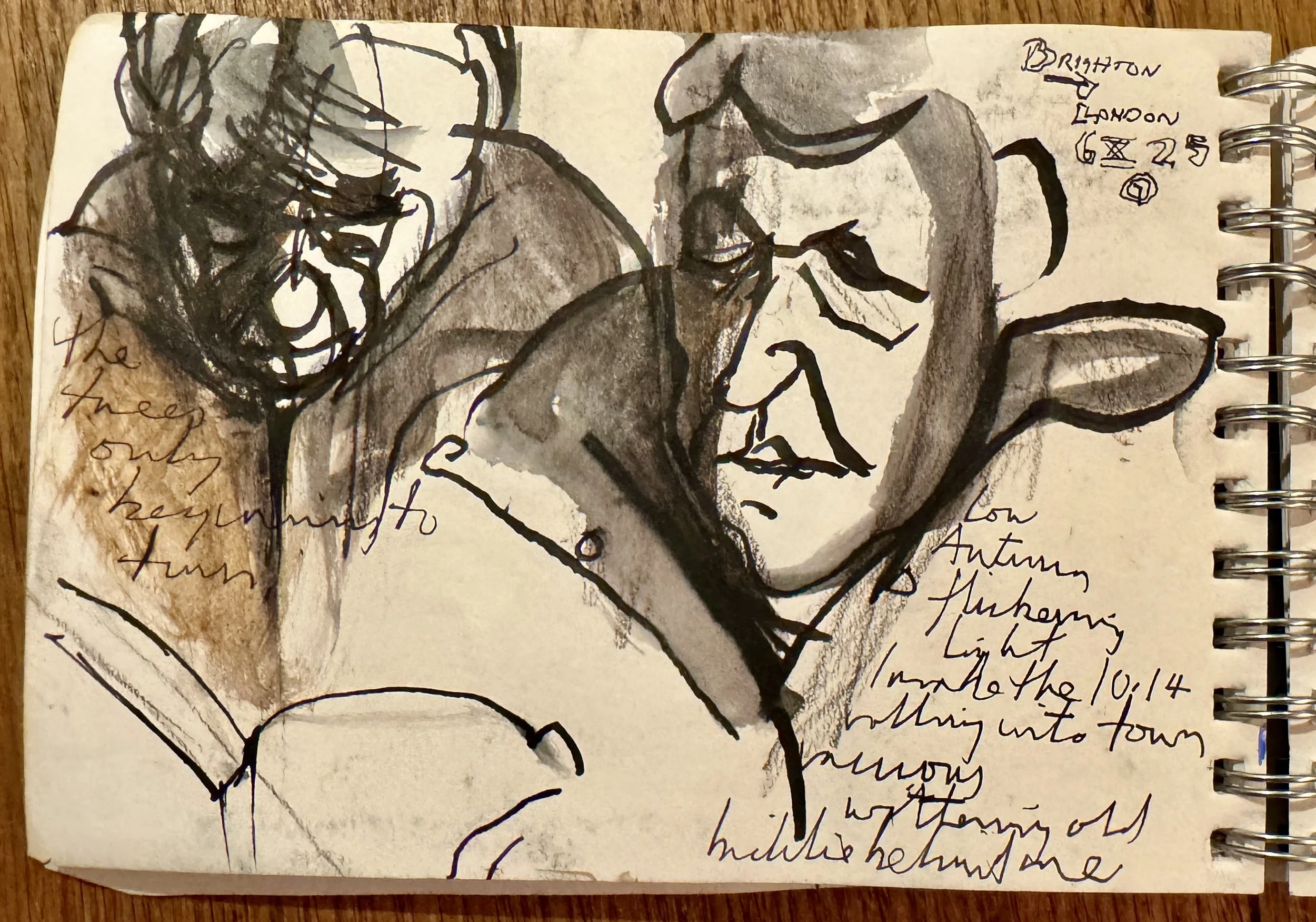 A sketch of a person's face and hand, with handwritten notes and dates on the page.