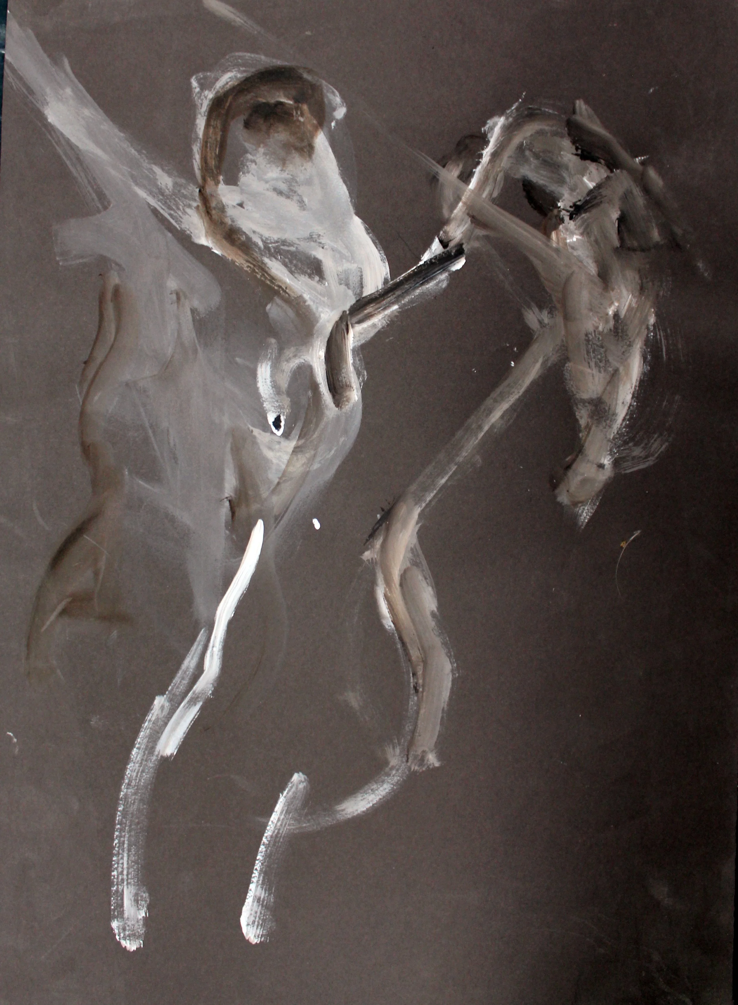 Abstract brush strokes on dark background with white and gray paint