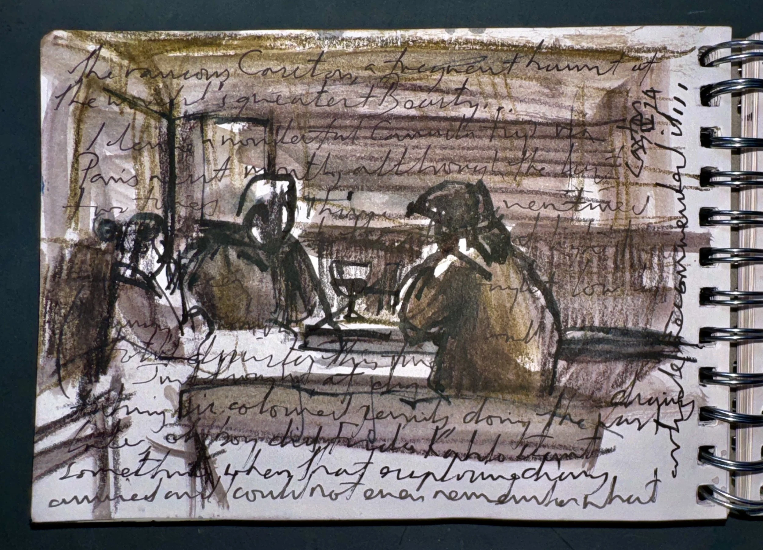 A sketchbook page filled with handwritten cursive text overlaid with a faint drawing of people and a structure, possibly a barn or house, in the background.