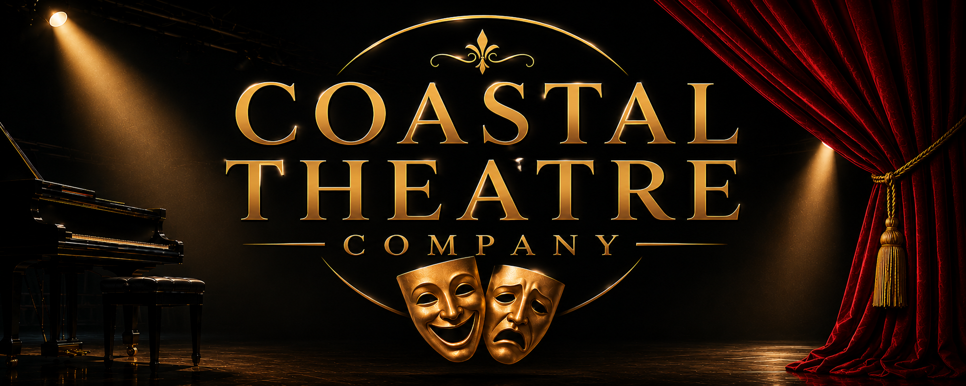 The image shows a theater stage with a grand piano on the left, gold lettering in the center spelling "Coastal Theatré Company," two comedy and tragedy masks at the bottom, and red velvet curtains on the right with golden tassels, illuminated by spotlights.