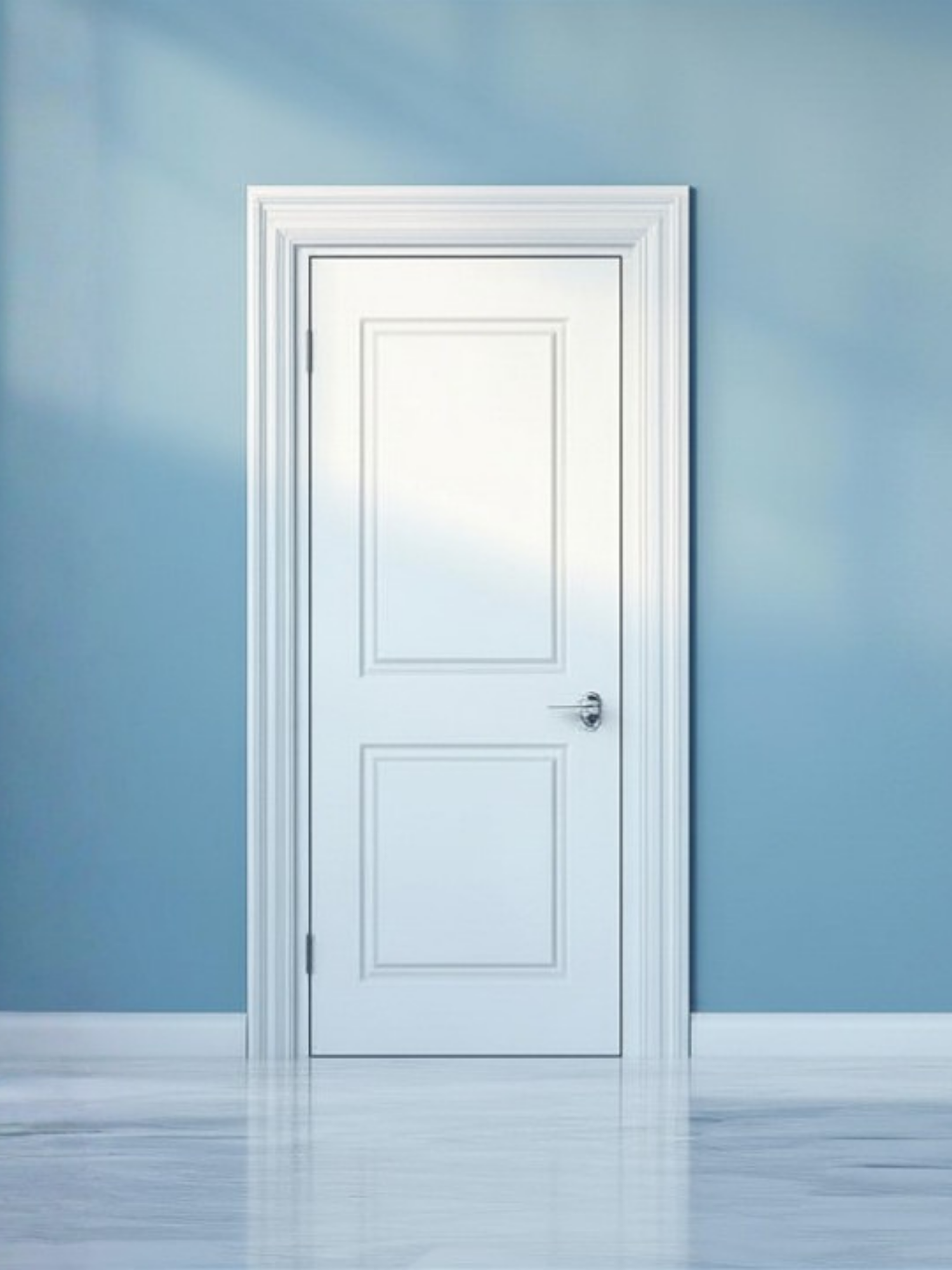 white door on blue background