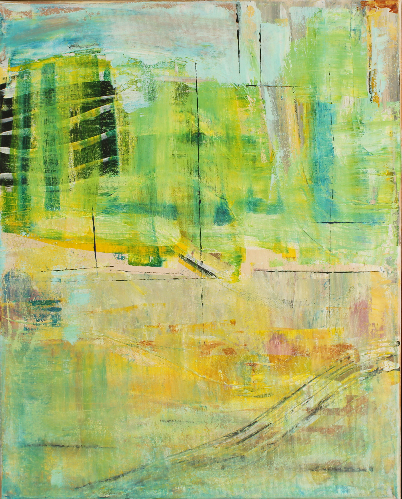An abstract painting with vibrant shades of green, yellow, blue, pink, and white, featuring textured brushstrokes, geometric shapes, and layered colors on a wooden surface.