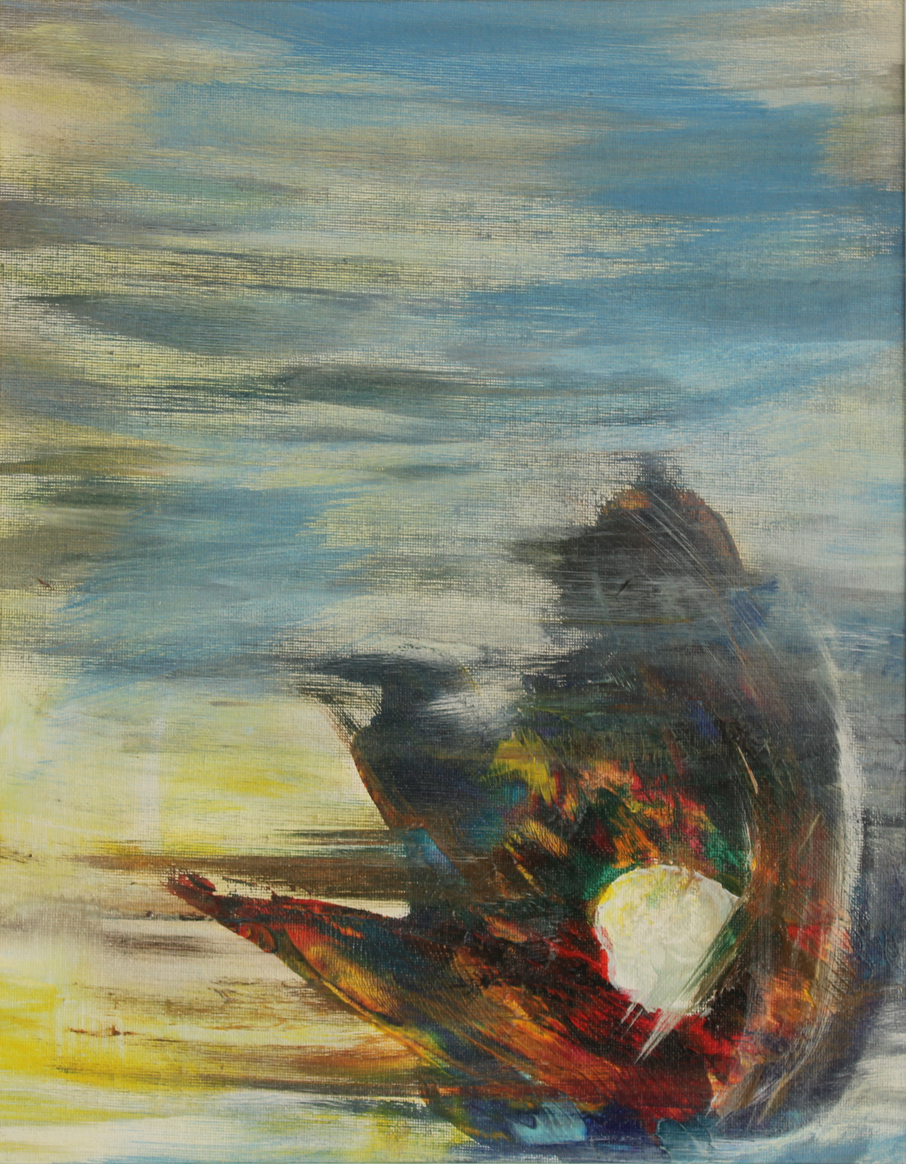 Abstract landscape painting with a large dark rock formation in the foreground, set against a vibrant sky with swirling clouds and a setting or rising sun.