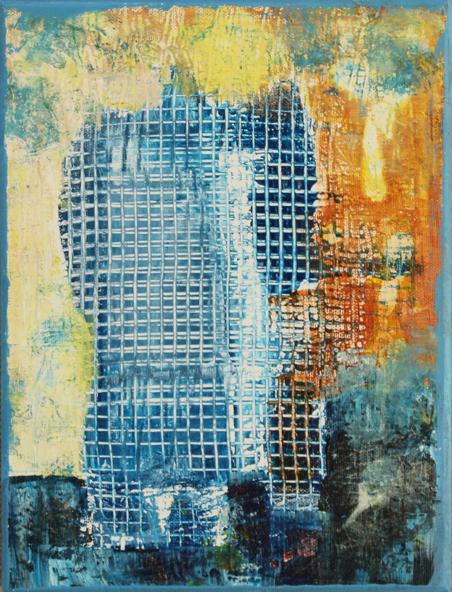 Abstract painting featuring a blue grid pattern with orange, yellow, and teal colors blending in the background.