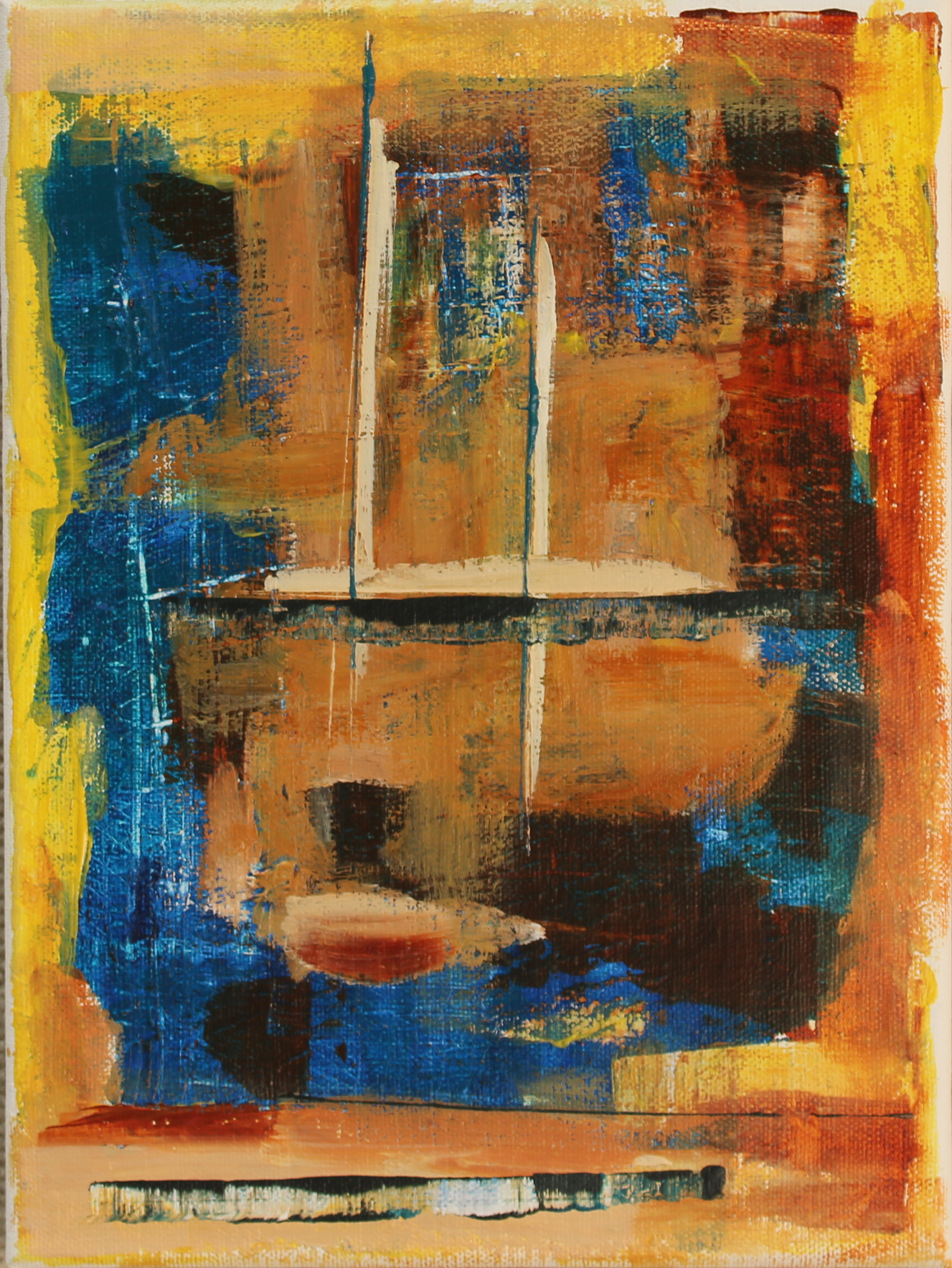 An abstract painting with bold brush strokes, featuring black, blue, orange, yellow, and beige colors, and geometric shapes.