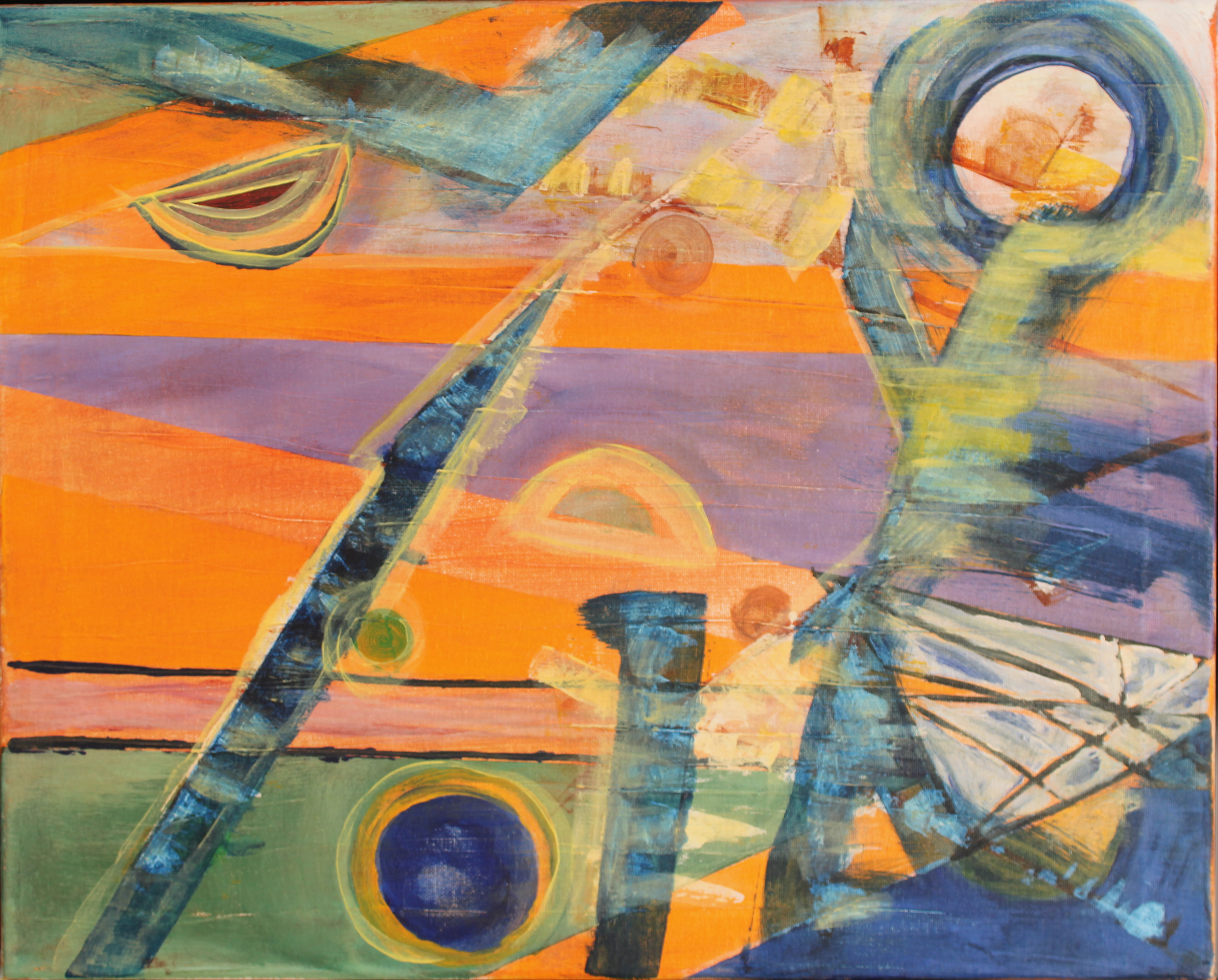 Abstract geometric painting with bold colors including orange, blue, green, and purple, featuring angular shapes and curved lines.