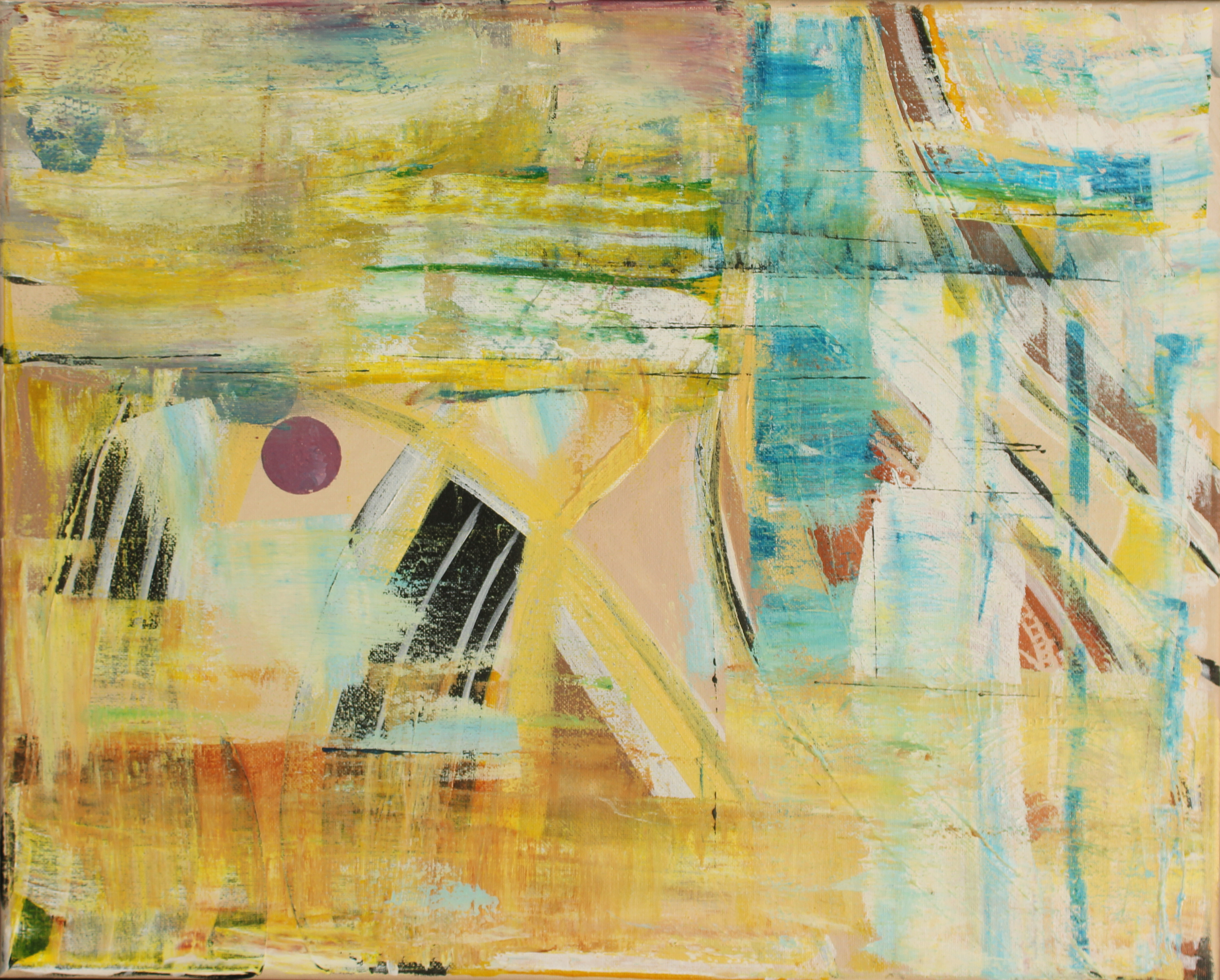 An abstract painting with layered brushstrokes in yellow, blue, green, pink, and black, creating a textured and colorful composition.