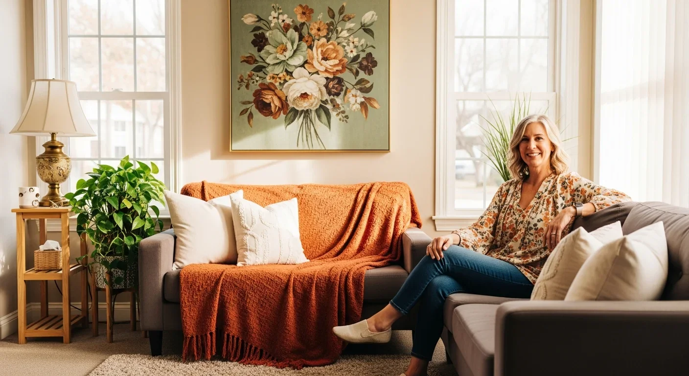 Lucy Green, Midlife Wellness Coaching smiling and relaxing on her sofa in a welcoming sunlit living room