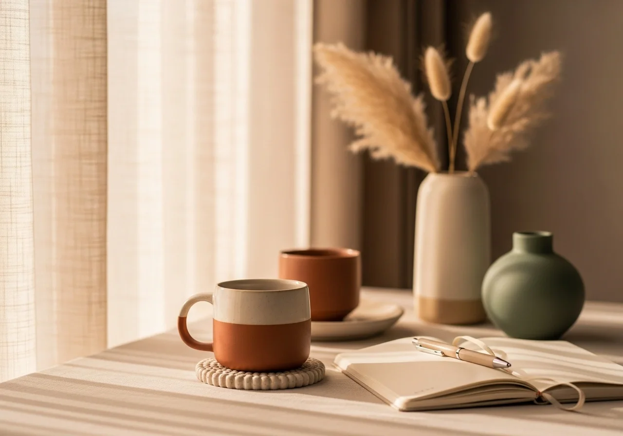 Warm interior lifestyle image featuring two mugs, a notebook, and dried grasses in a vase representing a relaxed session with midlife wellness coach for women, Lucy Green