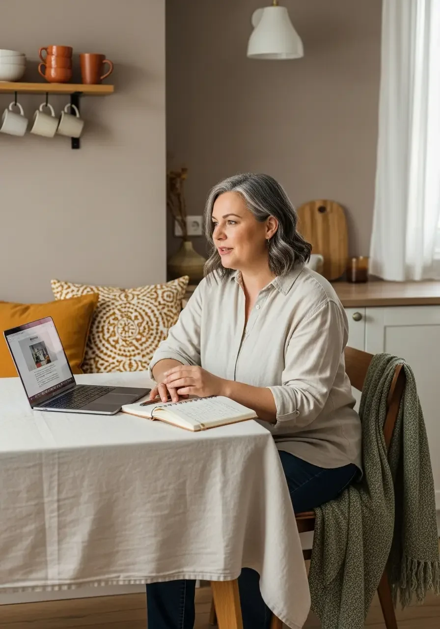Woman sitting thoughtfully in a light-filled room ready for her online coaching session with Lucy Green, Midlife Wellness Coach for her Signature Programme