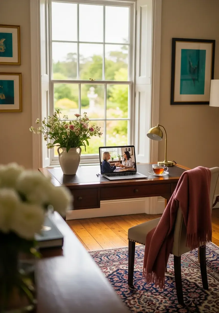 Home office with a view to a garden with an open laptop ready for Lucy Green, Midlife Wellness Coach and The Wellness Workshop
