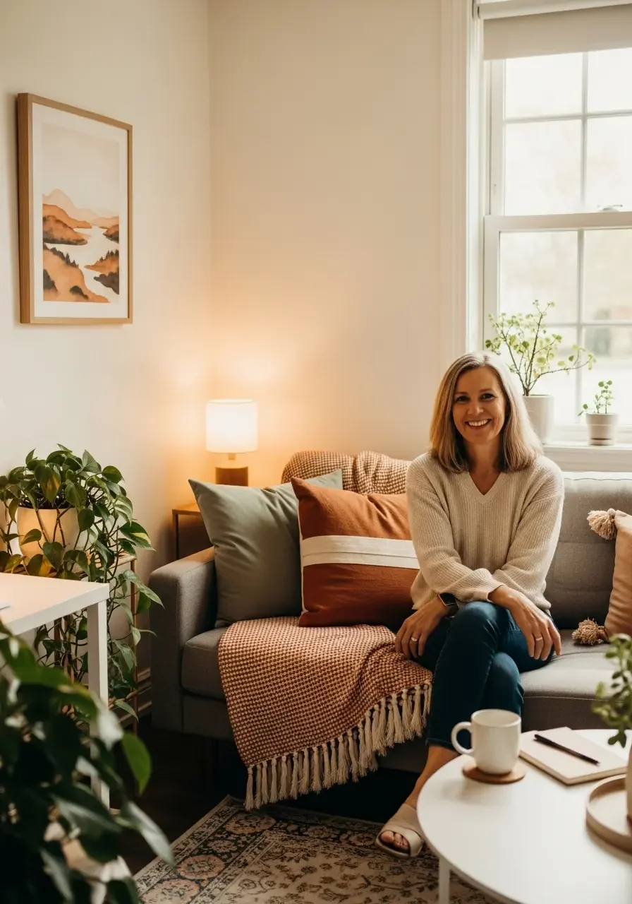 A smiling Lucy Green midlife wellness coach sitting on an armchair in her home workspace