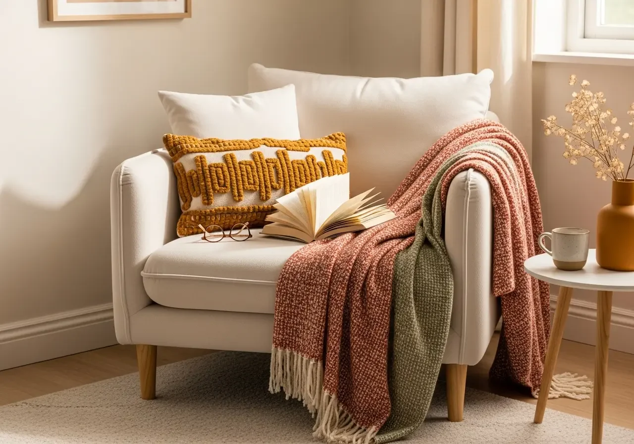 Warm armchair lifestyle interior representing feeling at home and at ease whilst receiving coaching with Lucy Green, Midlife Wellness Coach