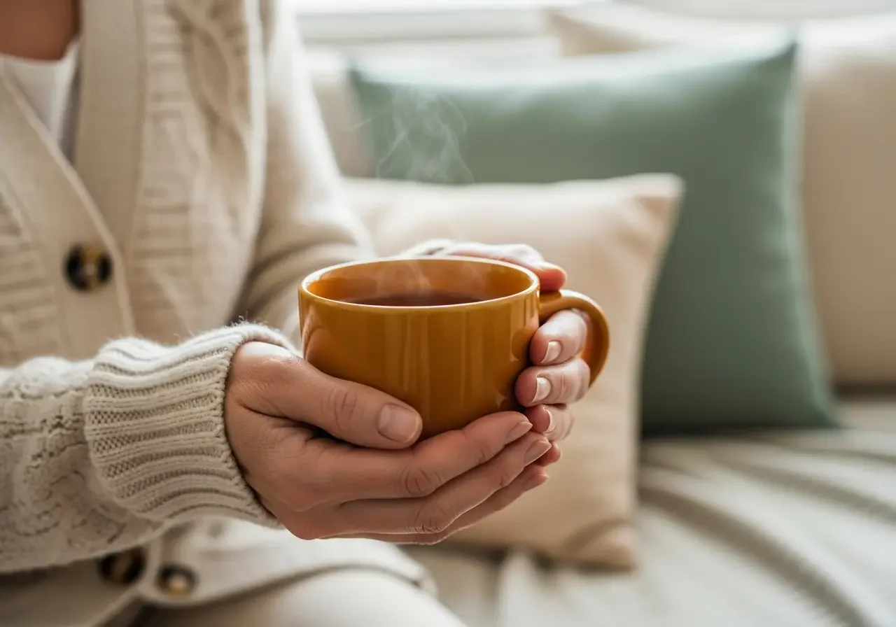 Warm lifestyle interior featuring hands holding a warm drink  whilst sitting on a sofa