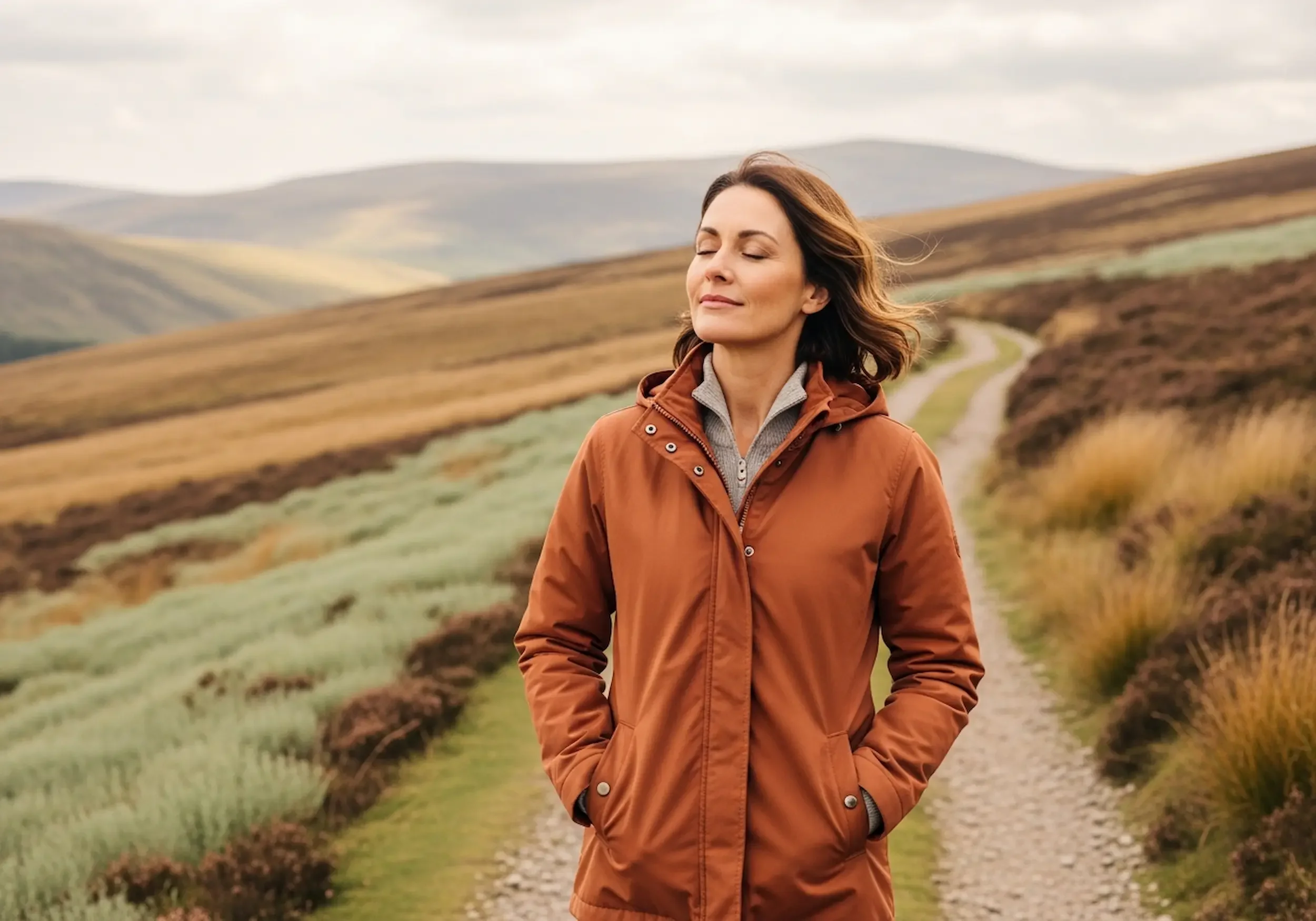 Woman enjoying a relaxing walk on the moors, representing the feeling of being ready to feel like yourself again