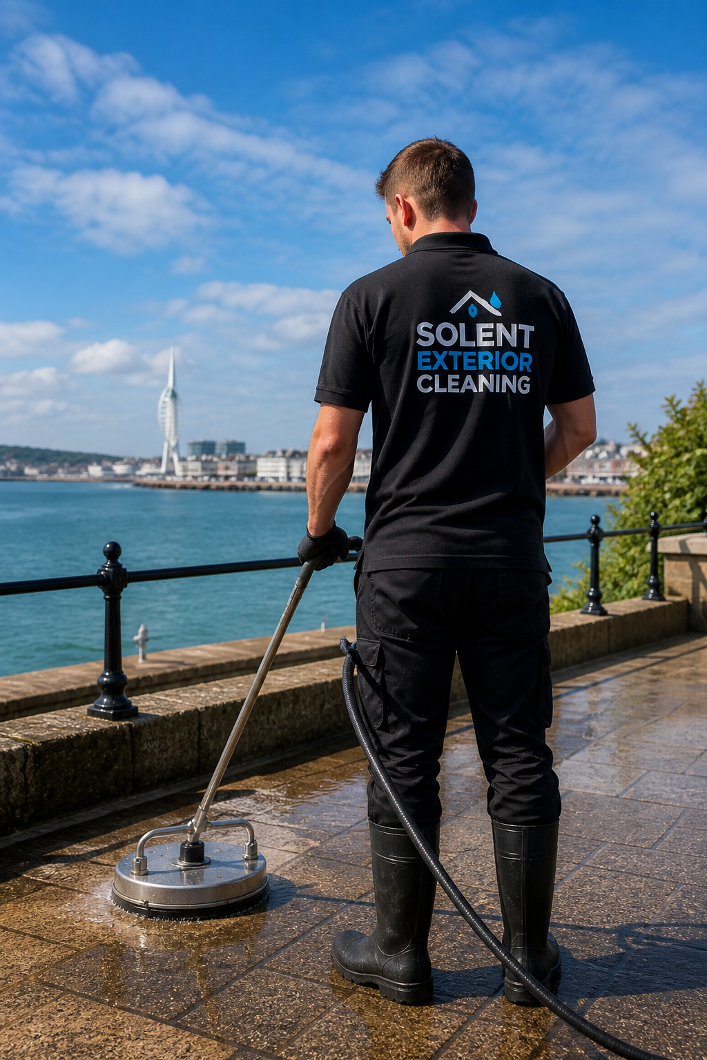 A man wearing a black shirt with the words "Solent Exterior Cleaning" on the back, black pants, and rubber boots, power washing a pavement near a waterfront with a view of a city skyline and a distinctive sail-shaped building in the background.