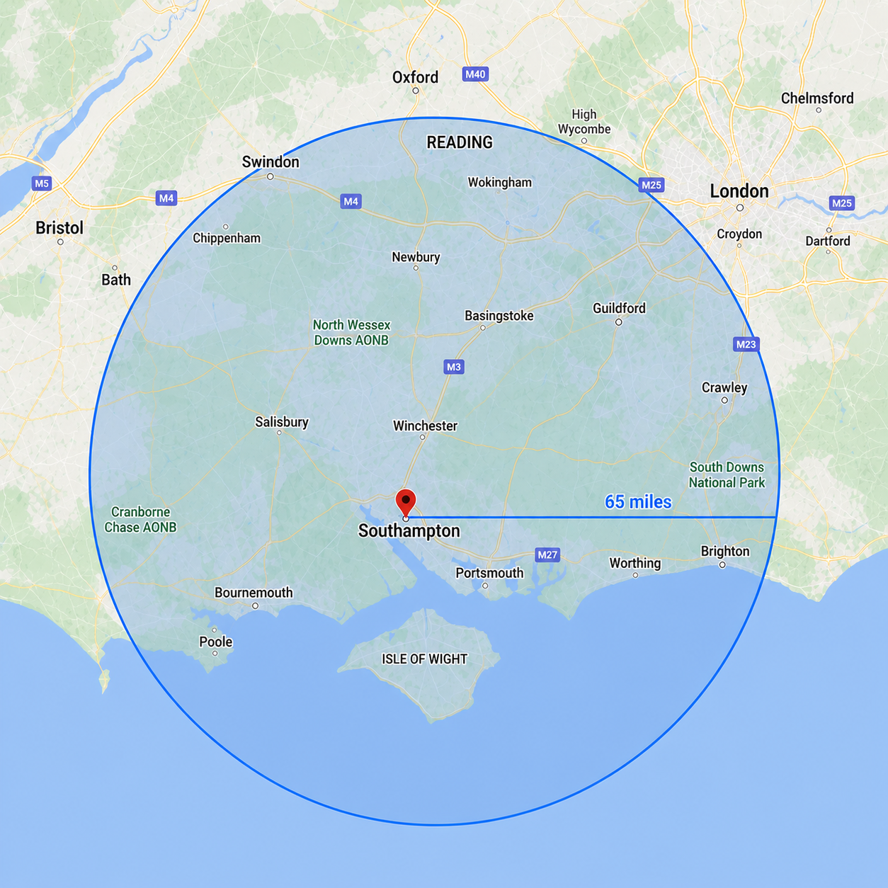 Map showing a 65-mile radius around Southampton, England, including nearby cities and landmarks such as Winchester, Bournemouth, Poole, and the Isle of Wight.