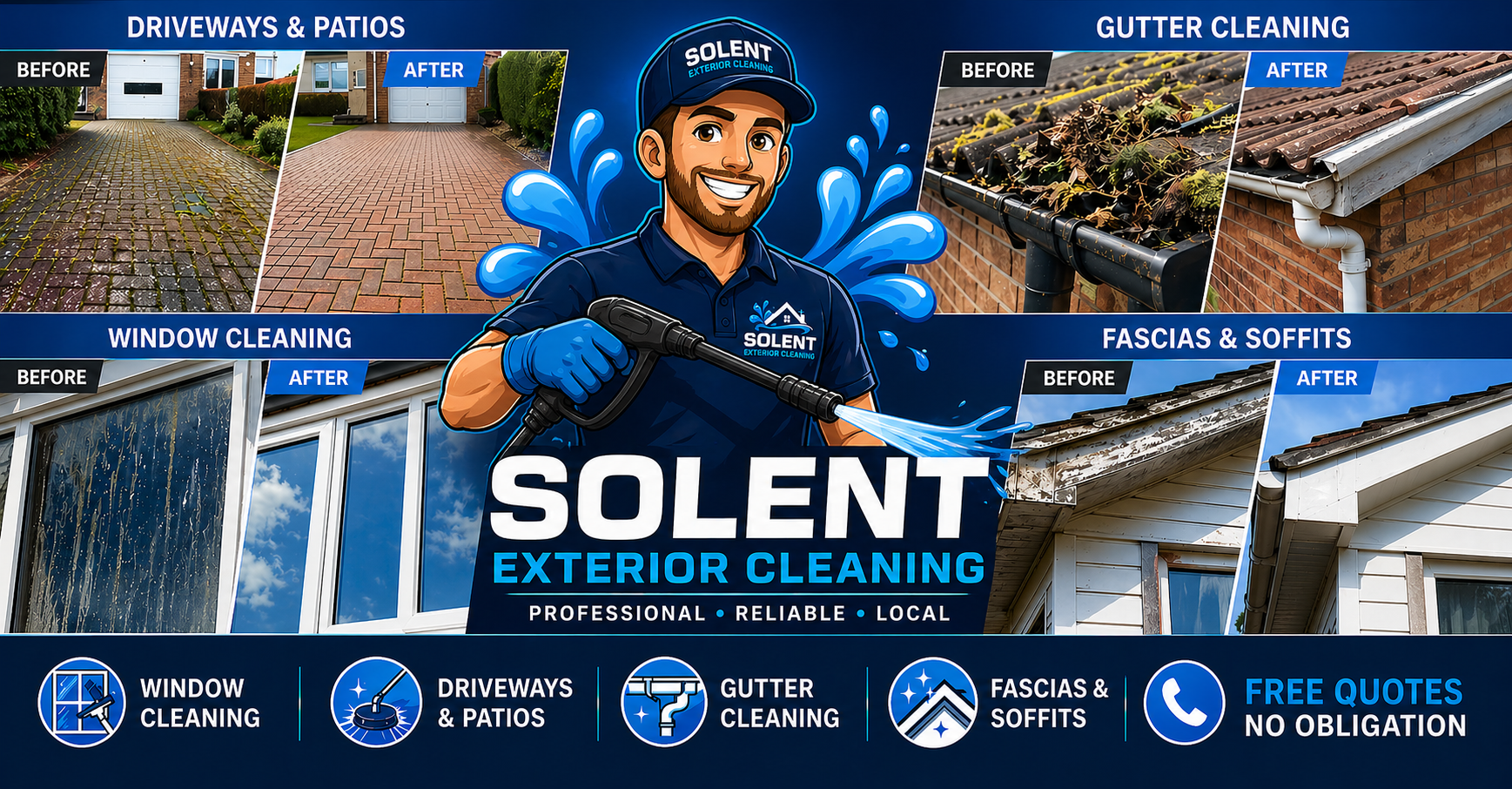 An advertisement for Solent Exterior Cleaning featuring a cartoon technician holding a pressure washer. The ad shows before and after images of driveway, patio, gutter, window, and fascia cleaning, highlighting the cleaning results. The bottom section lists services with icons, including window cleaning, driveways and patios, gutter cleaning, fascias & soffits, and offers free quotes with no obligation.
