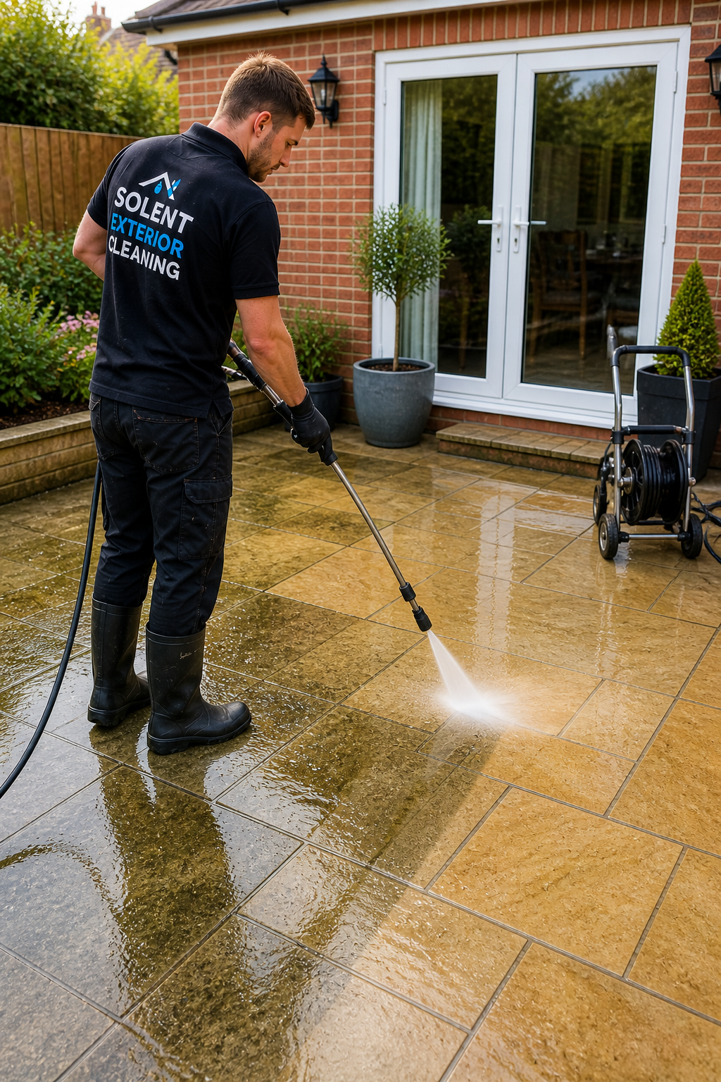 Male worker in black uniform and rubber boots pressure washing a wet outdoor patio area outside a brick house.