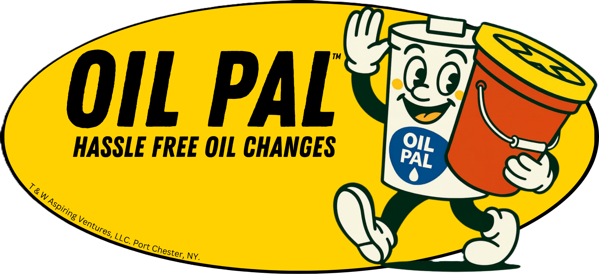 Yellow oval logo with black text reading "OIL PAL" and "HASSLE FREE OIL CHANGES." A cartoon oil can character with a smiling face, waving, and holding an orange bucket, with a blue circle that says "OIL PAL" on its body.