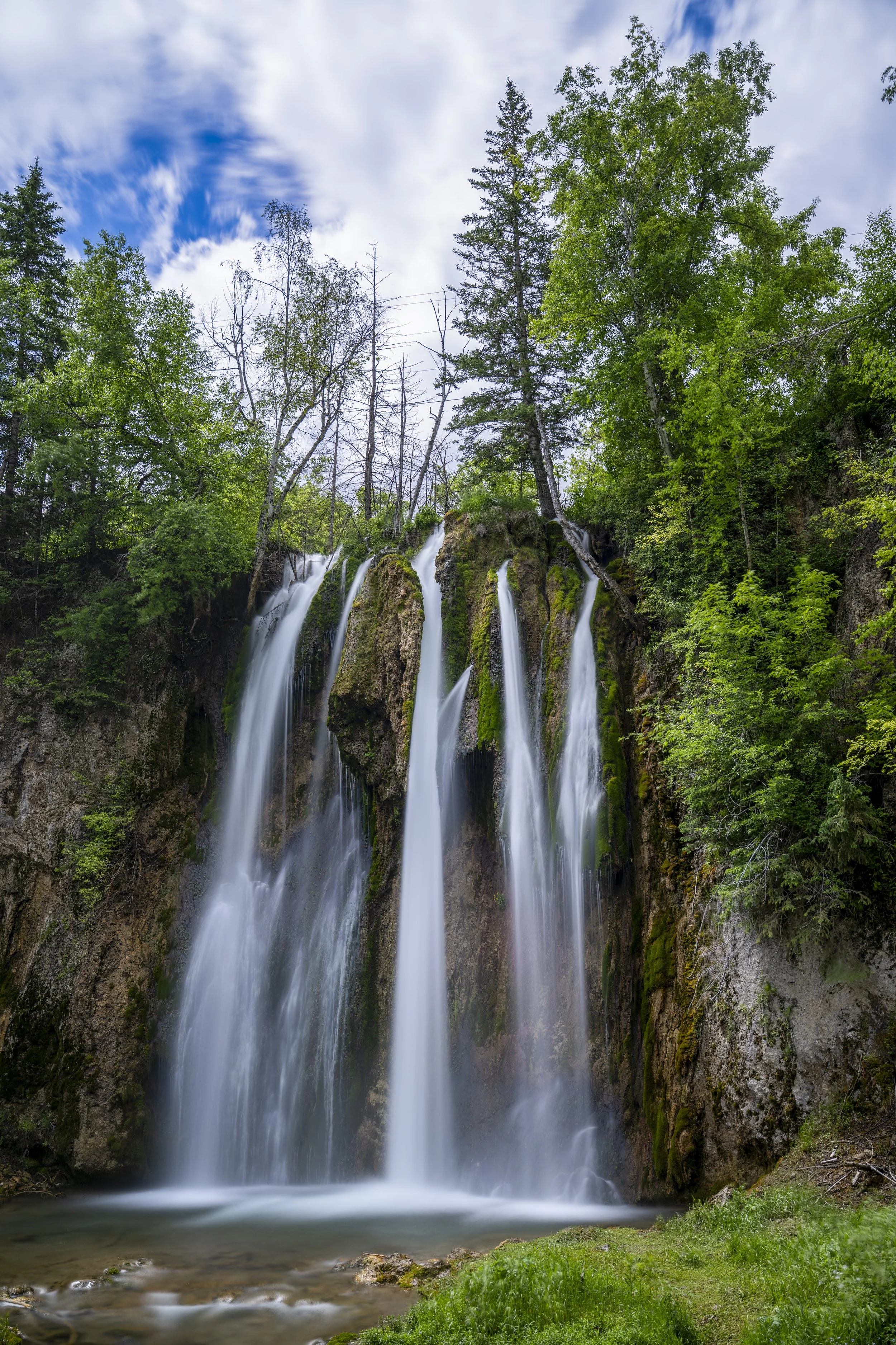 Waterfall cascading down rocks surrounded by green trees and grass in a forest landscape under a partly cloudy sky.
