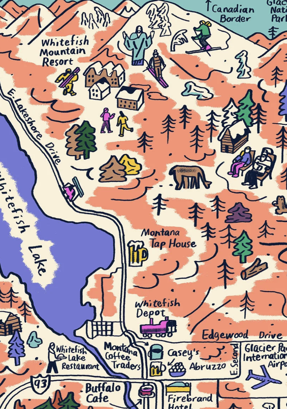 Map of a mountain resort area featuring ski slopes, a mountain tap house, a depot, a mountain coffee trader, and various buildings and trees, with illustrations of people skiing, sitting on benches, and enjoying the scenery.