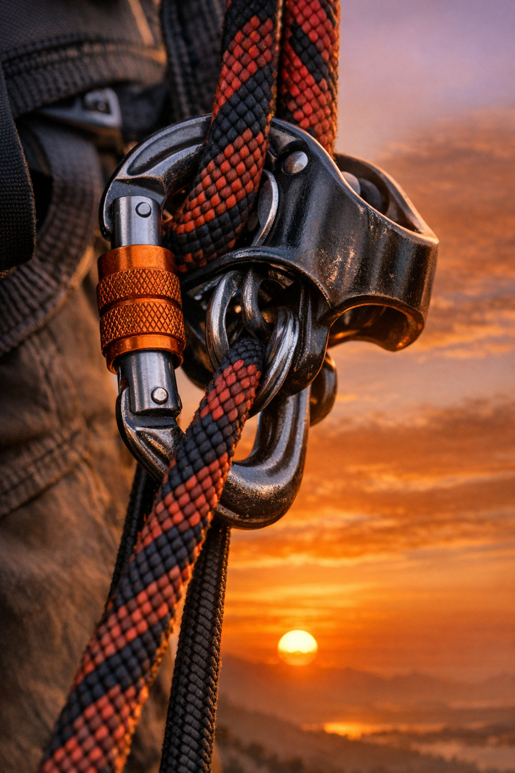Close-up of a climbing harness and carabiner with a sunset in the background.