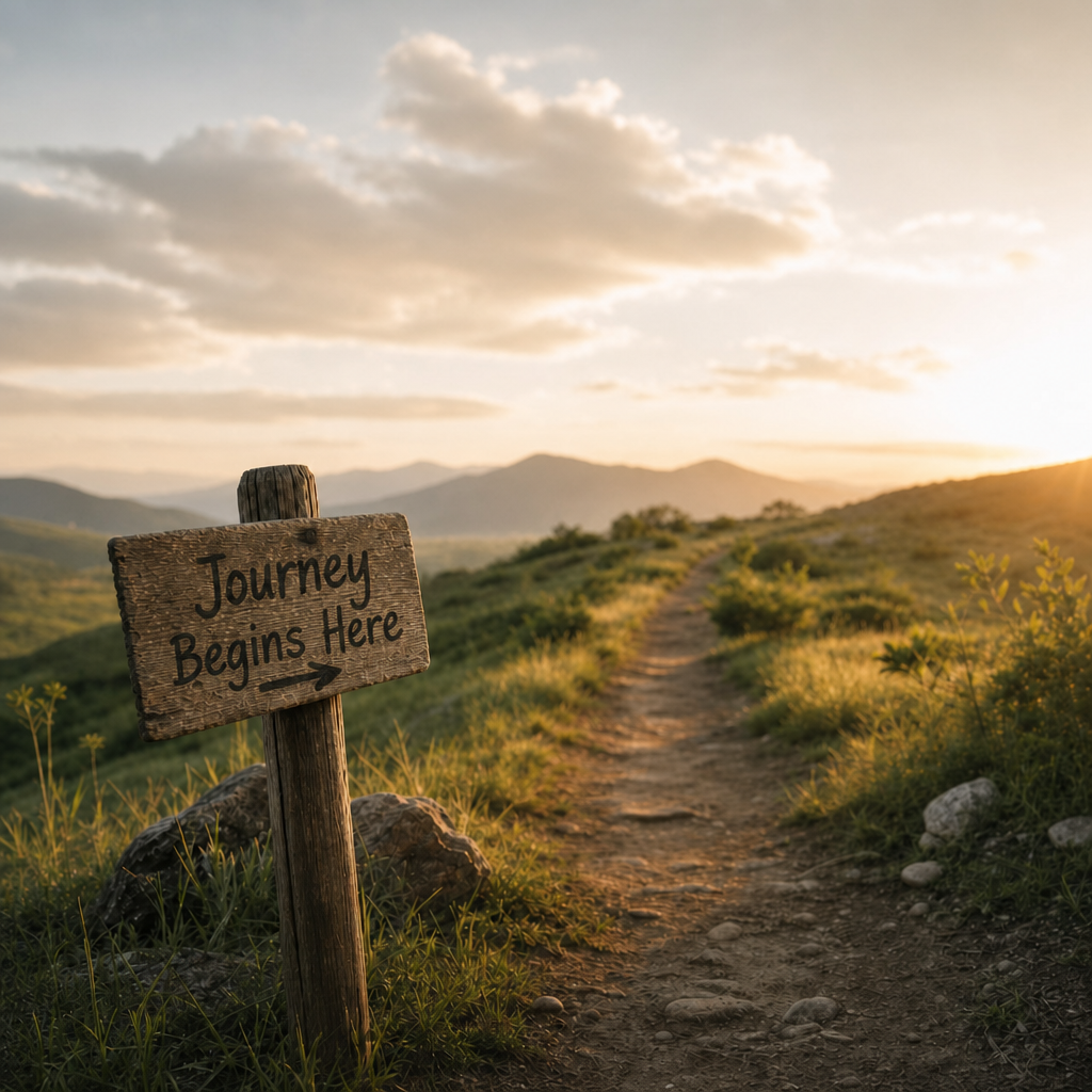 Wooden sign reading ‘Journey Begins Here’ beside a sunlit mountain trail leading into the distance, symbolizing the start of a spiritual journey and new beginnings.