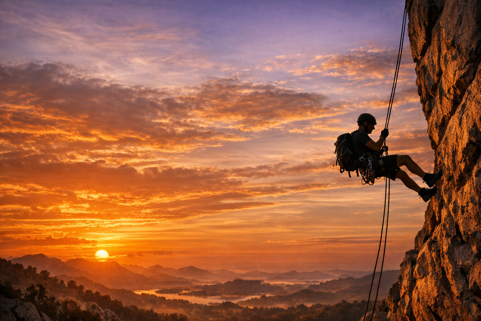 Person rappelling down a rugged rock face at sunset, silhouetted against a vivid orange sky, symbolizing courage, faith, and perseverance in the spiritual journey.