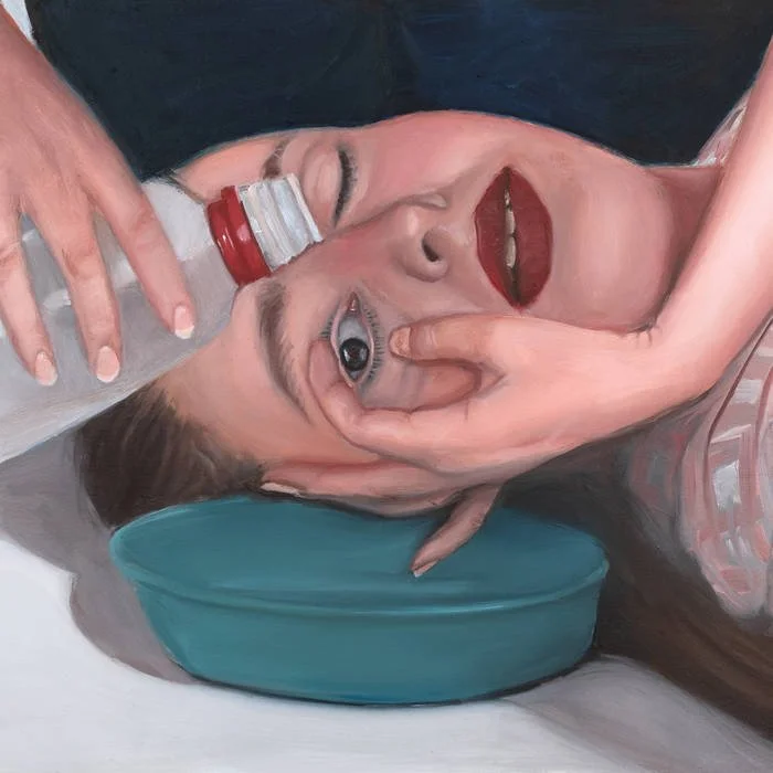 The front cover of Dry Cleaning's Secret Love, showing a woman having her eyeball washed