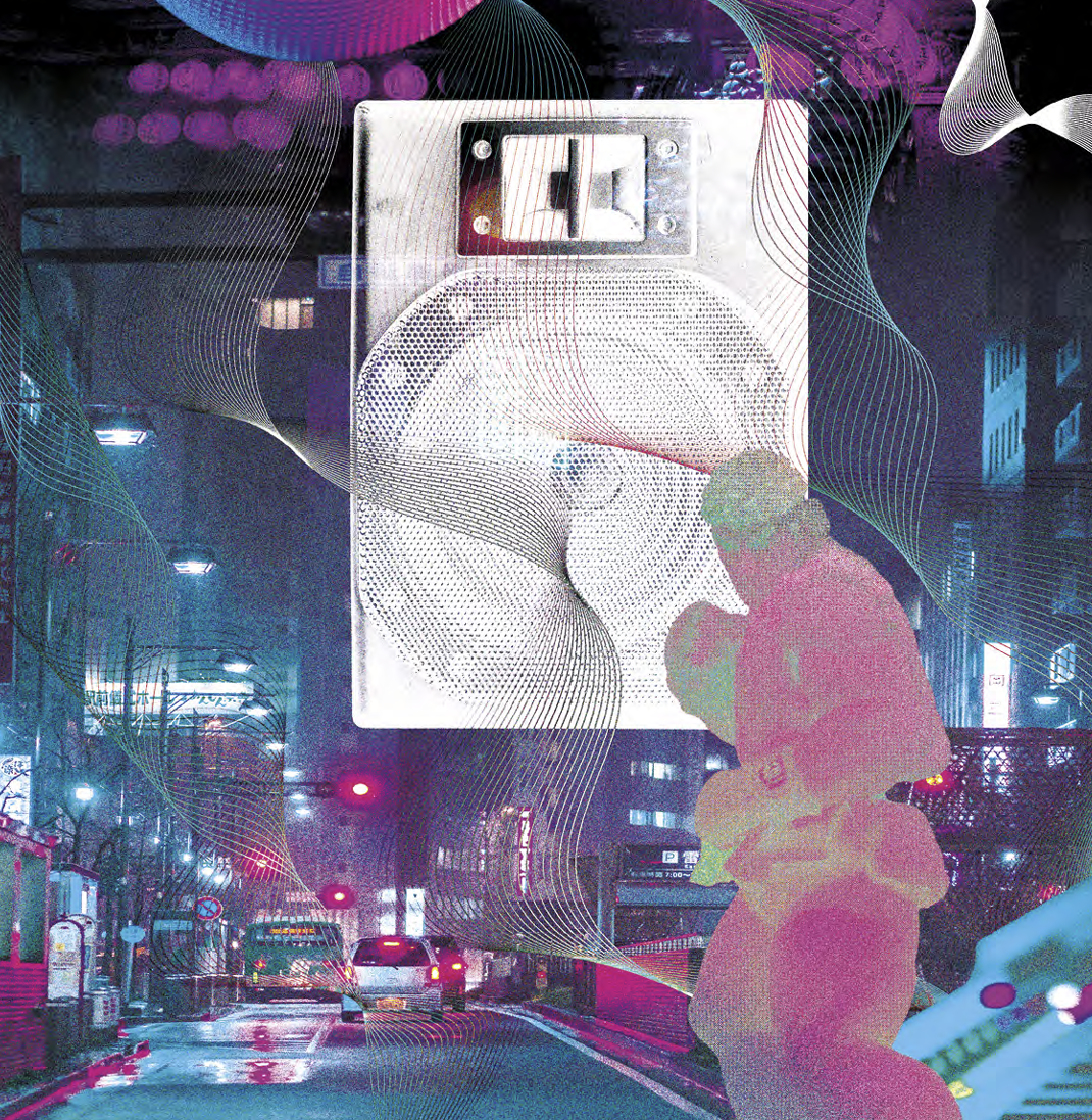 A digitally manipulated image of a city street at night with a large washing machine in the center, abstract line patterns overlaid, and a person in a hoodie in front of it.