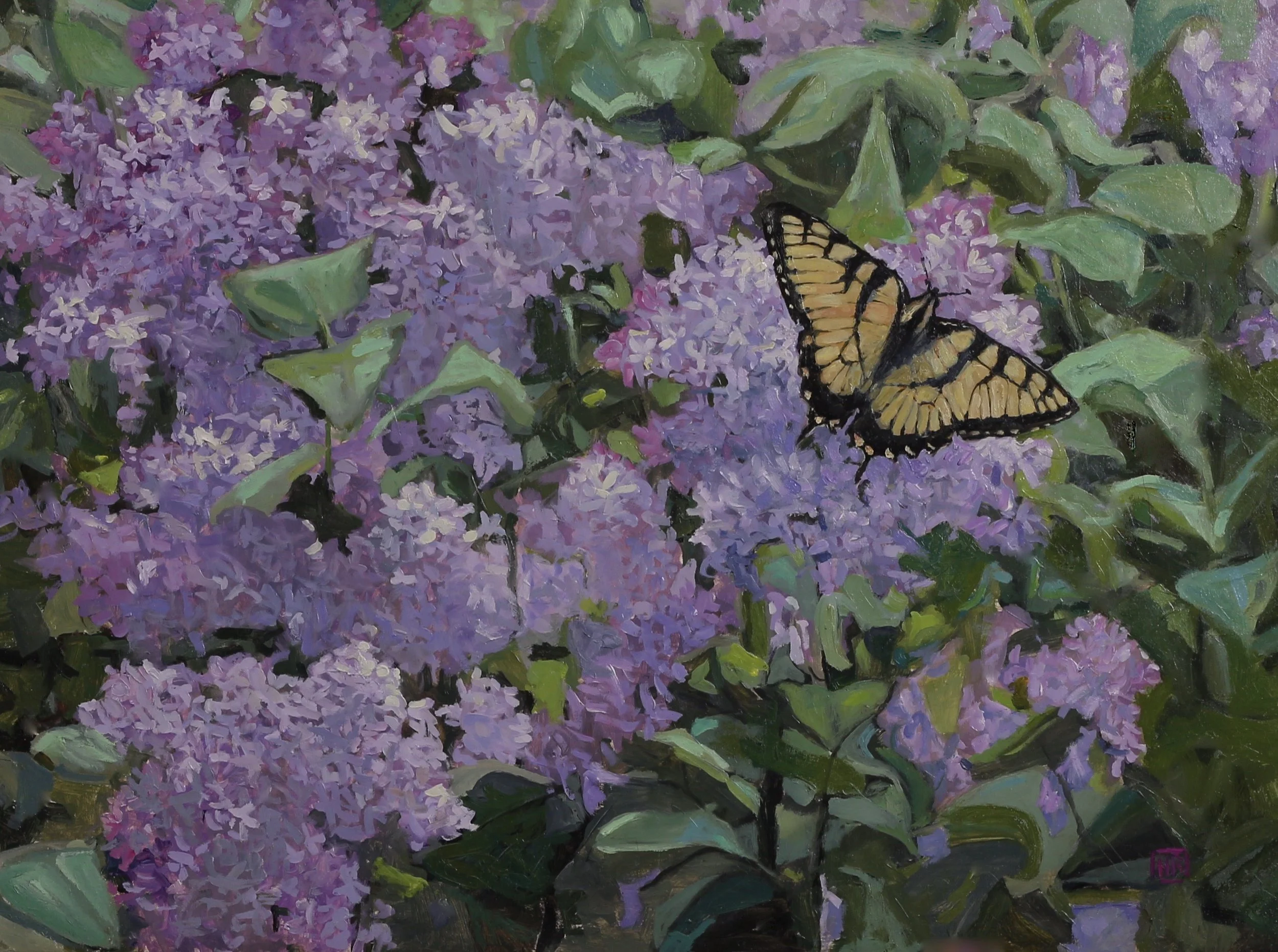 Painting of purple lilac flowers with green leaves and a yellow and black butterfly resting on the blooms.