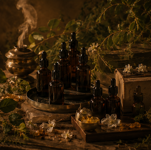 Dark amber glass dropper bottles arranged on a tray surrounded by greenery, flowers, and essential oil accessories, with a lit incense holder emitting smoke in the background.