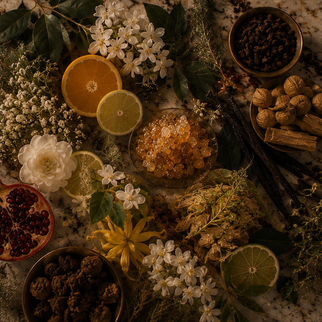 Various natural items on a marble surface, including sliced citrus fruits (orange, lemon, lime), flowers, marmalade or crystallized ginger, nuts, and spices.