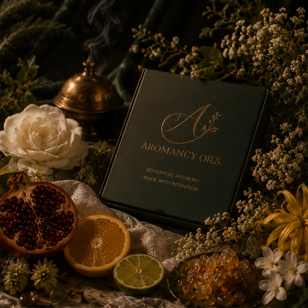 A box of Aromancy Oils with a floral and citrus display, surrounded by flowers, fruits, and a brass bell, set on elegant fabric.