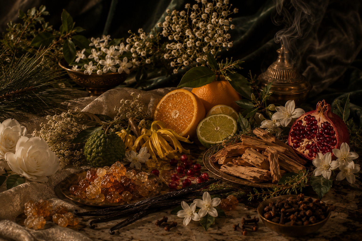 A still life arrangement featuring citrus fruits, pomegranate, flowers, vanilla, cinnamon sticks, and sugar crystals on a dark fabric background.