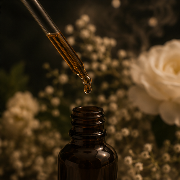 A brown glass dropper bottle with a dropper above, releasing a drop of oil into the bottle, surrounded by white flowers and a soft, dark background.