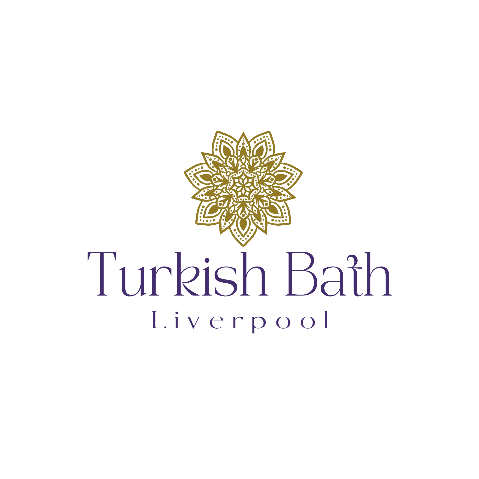 Elegant logo for Turkish Bath Liverpool with a decorative gold mandala at the center and stylish purple text.