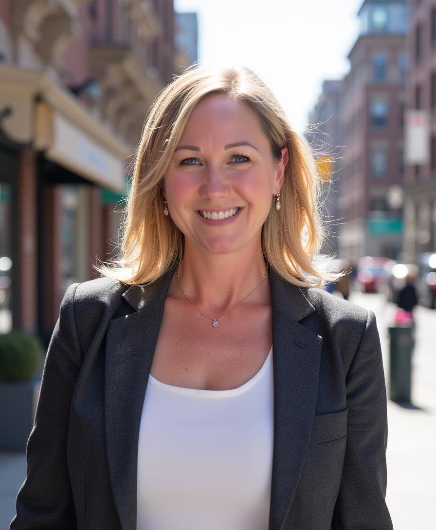 Leslie Jantz.  A woman with blonde hair smiling while walking on a city street, wearing a black blazer and white top.