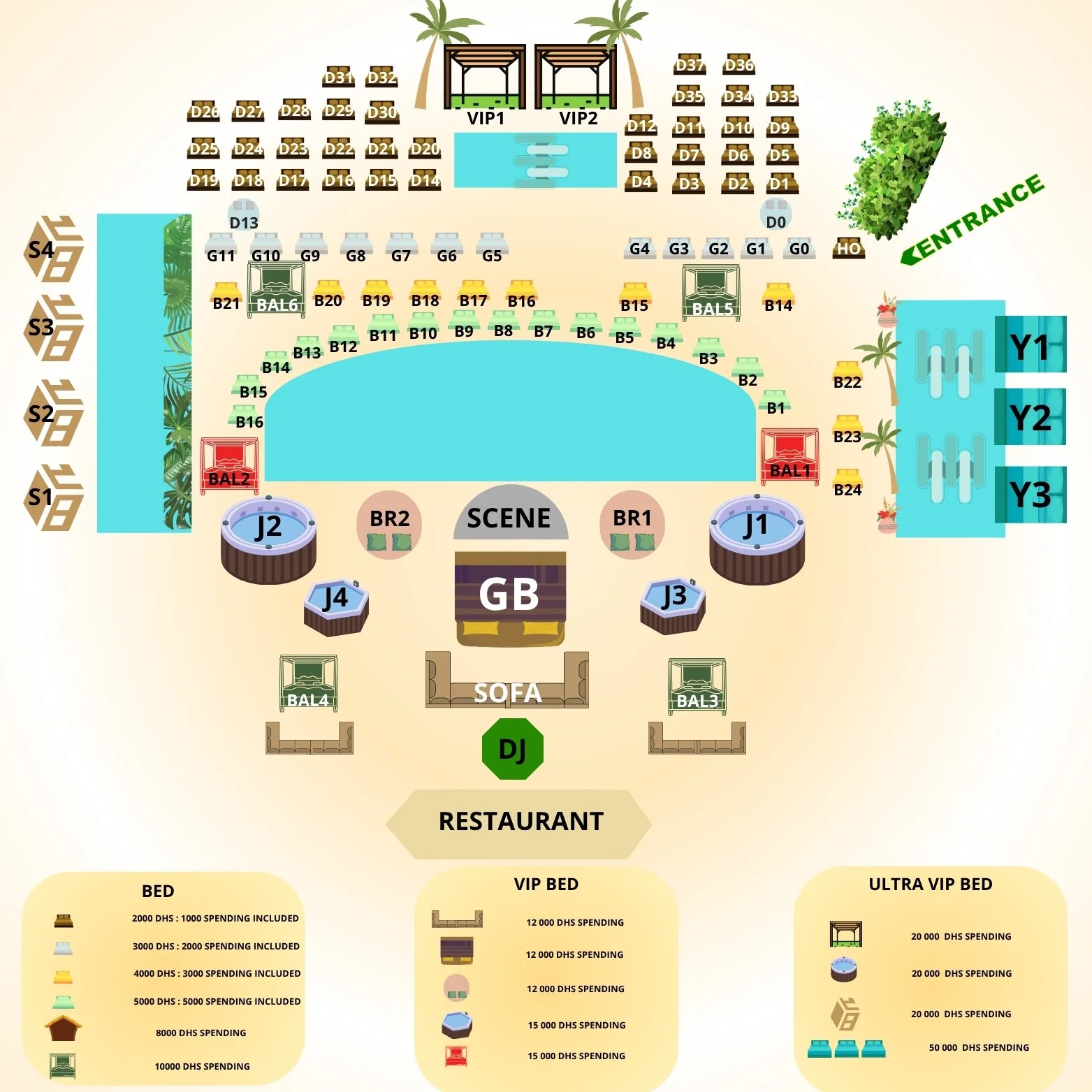 Plan du complexe avec différentes zones de détente, piscine, scènes, et chambres luxueuses, incluant des zones VIP et un restaurant, illustrant un espace de vacances ou un resort de luxe.