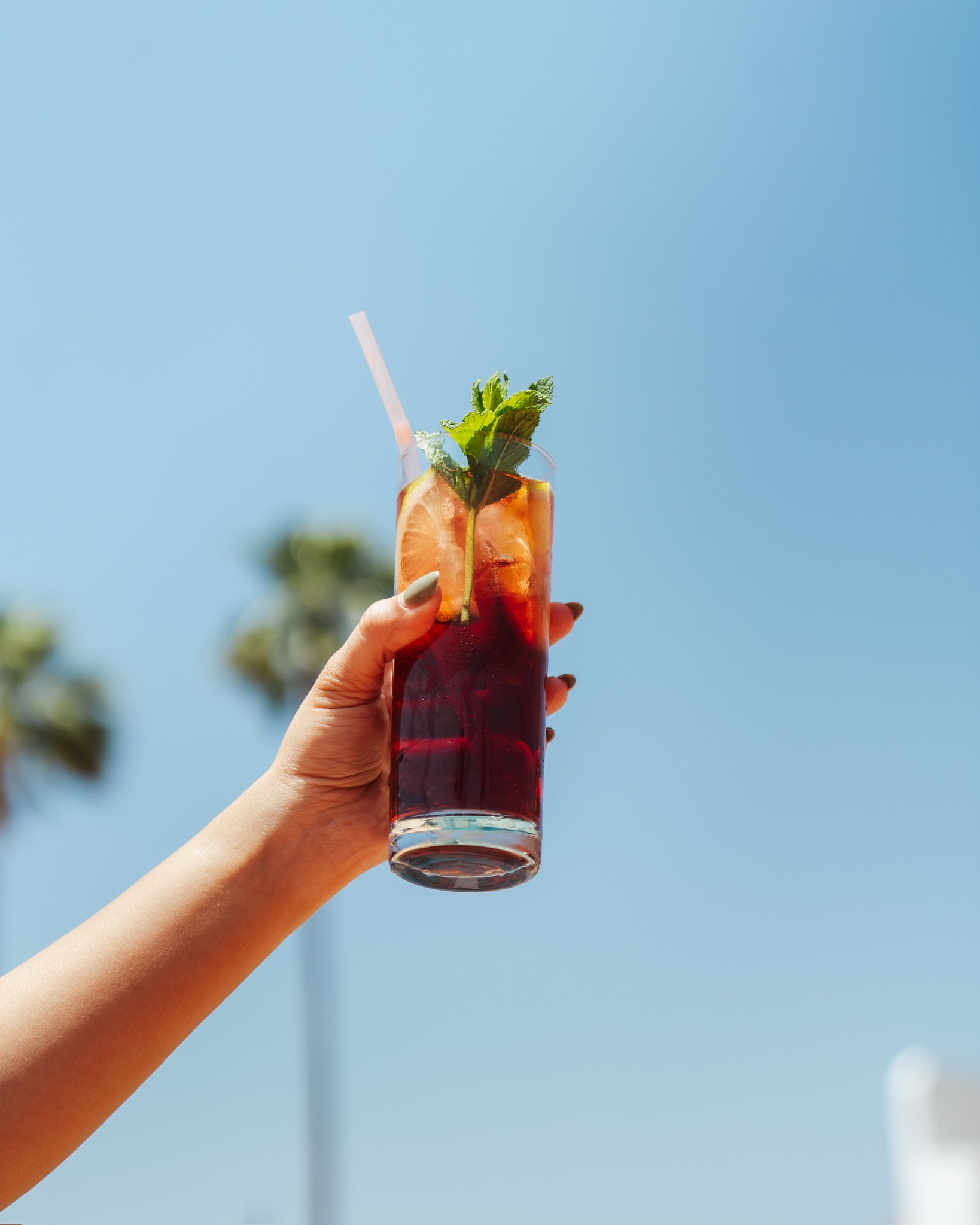Une main tenant un verre avec une boisson rouge, garnie de feuilles de menthe, un morceau d'orange, une paille et un glaçon, contre un ciel bleu clair.