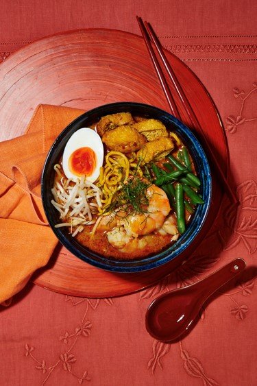 Signature Prawn laksa from Sambal Shiok cookbook. Copyright Louise Hagger, Quadrille Publishing