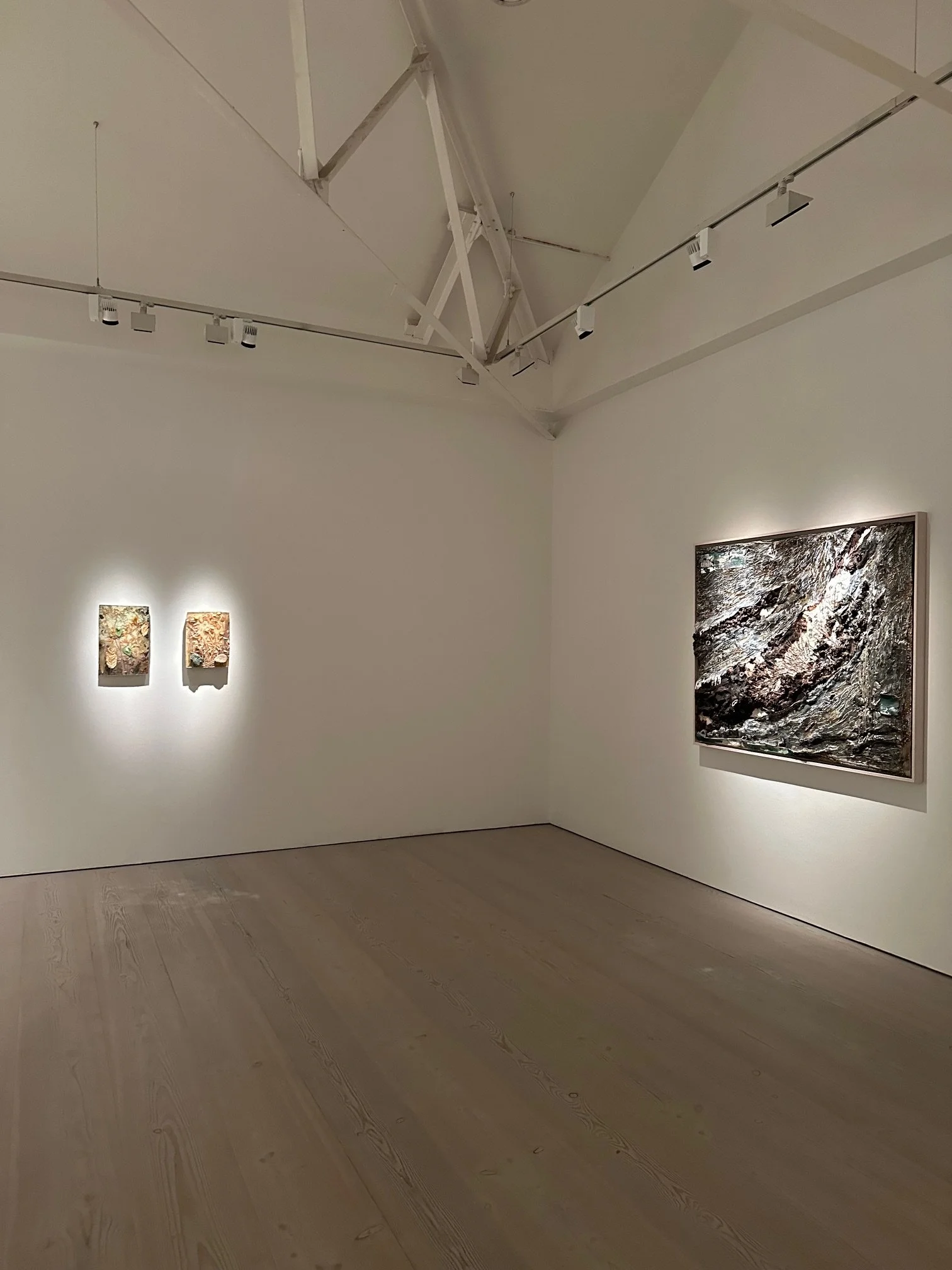 Gallery with white walls, wooden floor, and several abstract paintings on the walls, illuminated by track lighting.