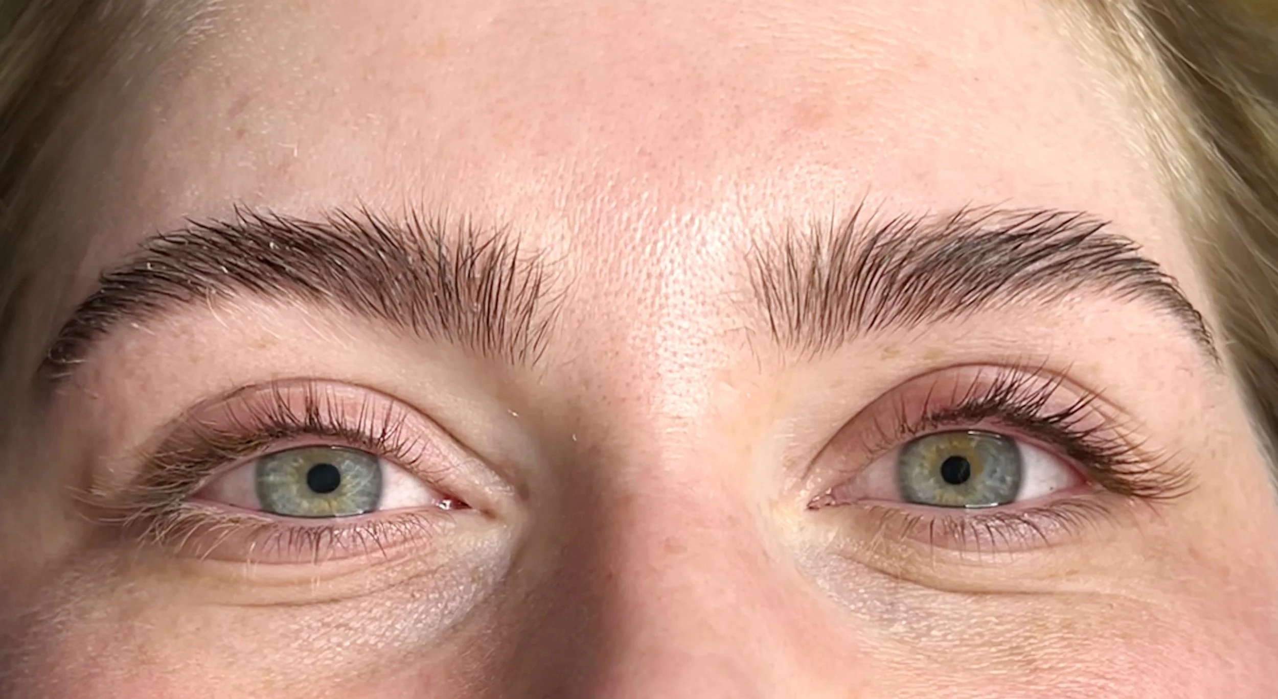 Close-up of a person's green eyes, long eyelashes, and dark, full eyebrows
