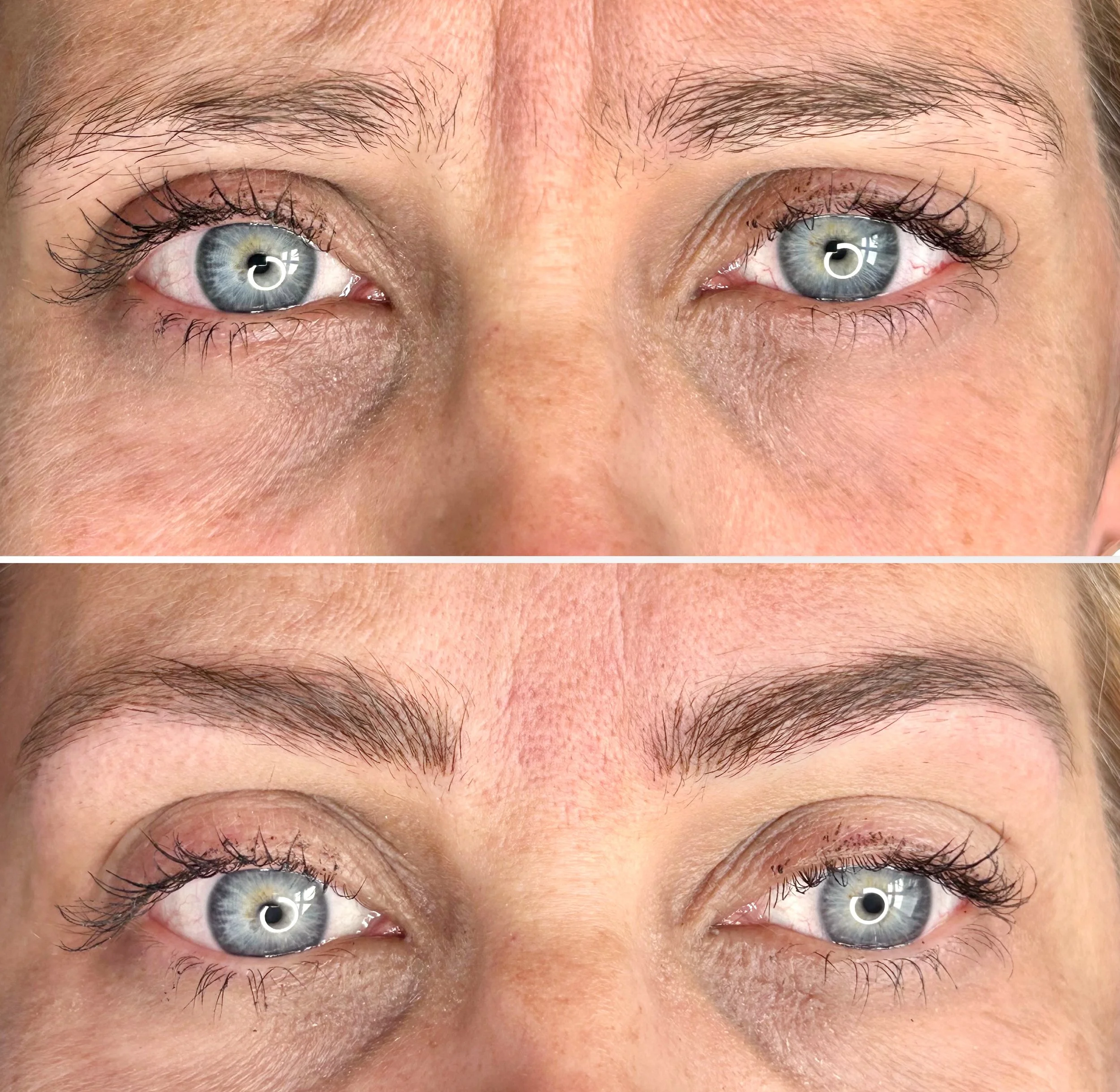 Close-up before-and-after photo of a person’s blue eyes with long eyelashes and dark eyebrows