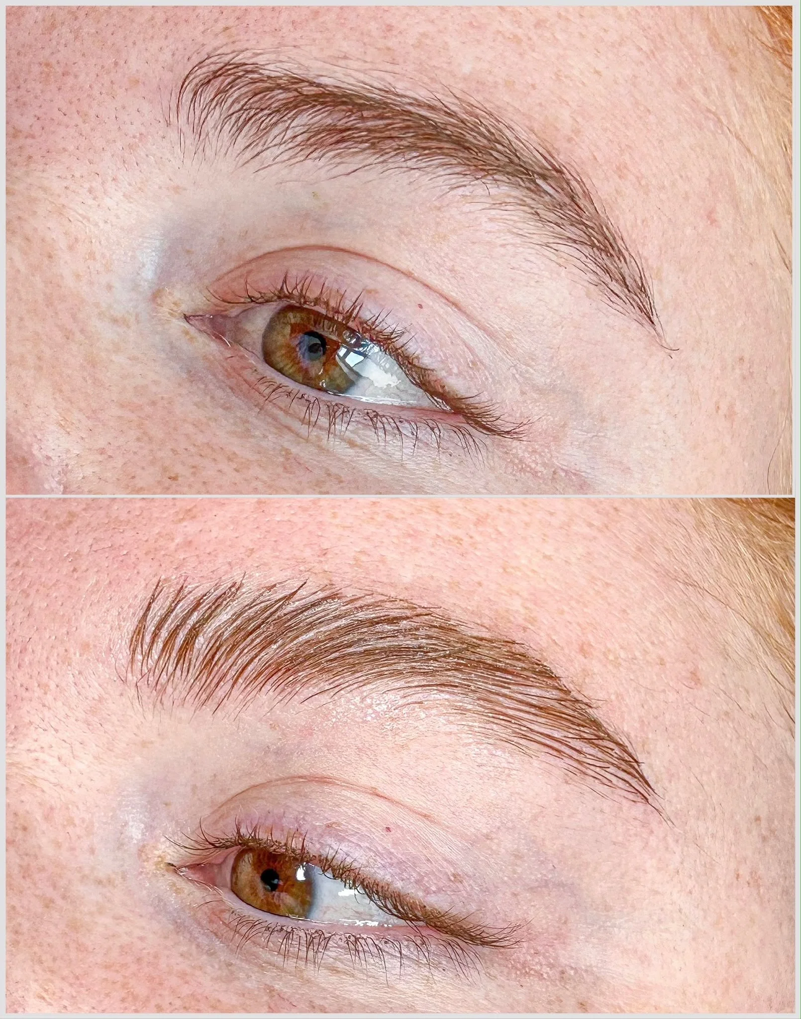 Close-up before-and-after photos of a brown eye and eyebrow, showing eyebrow microblading results.